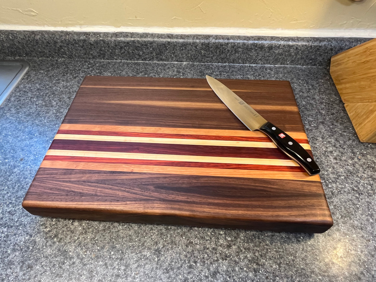 19-1/2"L X 13-3/8"W X 2"H Edge Grain Cutting Board-Walnut, with Cherry, Maple, Padauk accent strips