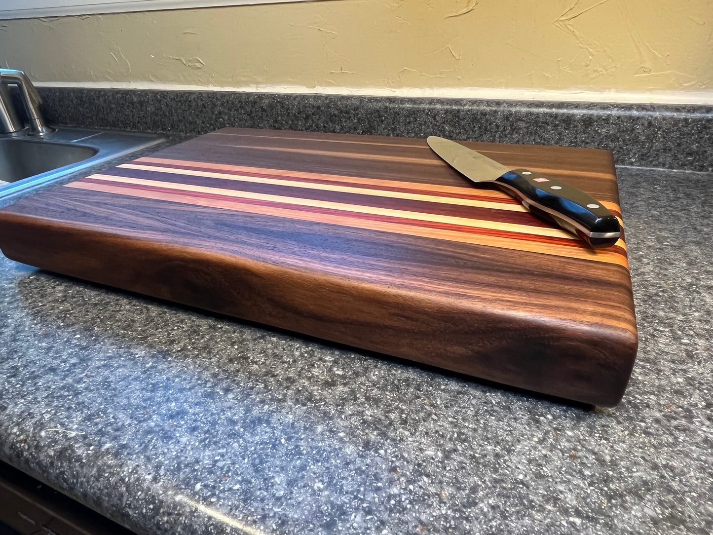 19-1/2"L X 13-3/8"W X 2"H Edge Grain Cutting Board-Walnut, with Cherry, Maple, Padauk accent strips