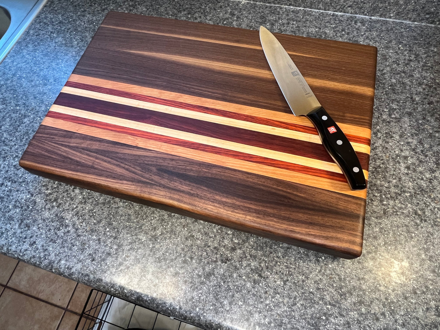 19-1/2"L X 13-3/8"W X 2"H Edge Grain Cutting Board-Walnut, with Cherry, Maple, Padauk accent strips