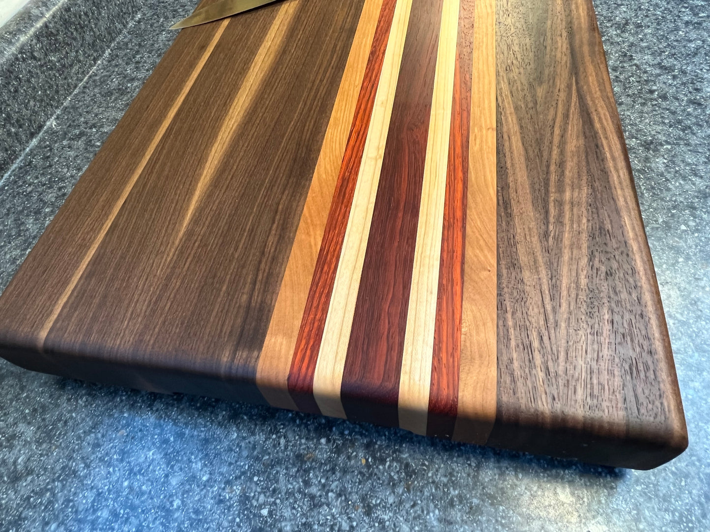 19-1/2"L X 13-3/8"W X 2"H Edge Grain Cutting Board-Walnut, with Cherry, Maple, Padauk accent strips