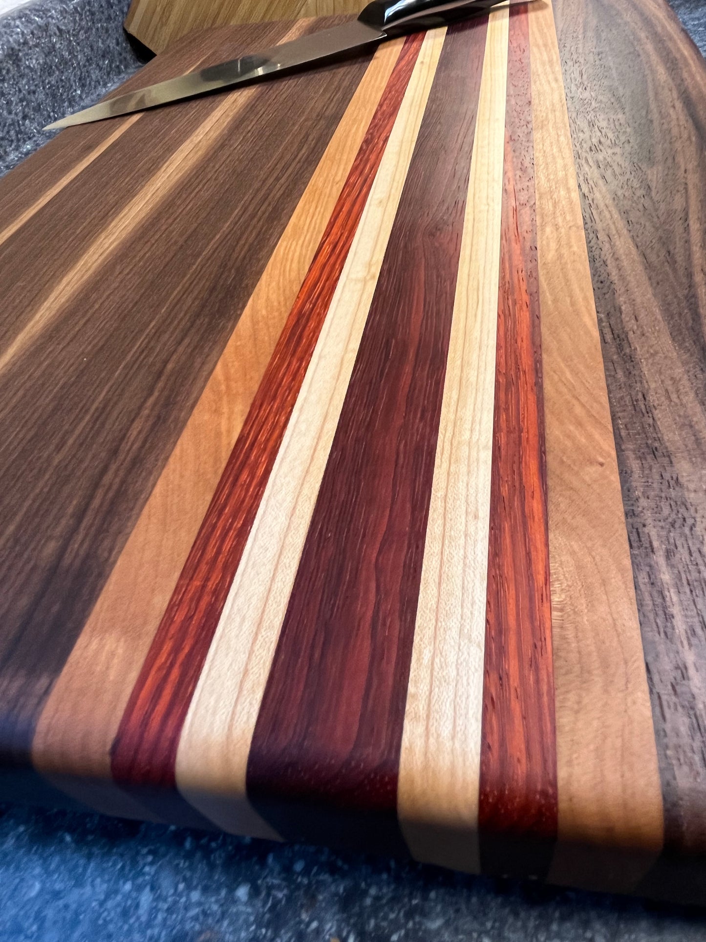 19-1/2"L X 13-3/8"W X 2"H Edge Grain Cutting Board-Walnut, with Cherry, Maple, Padauk accent strips