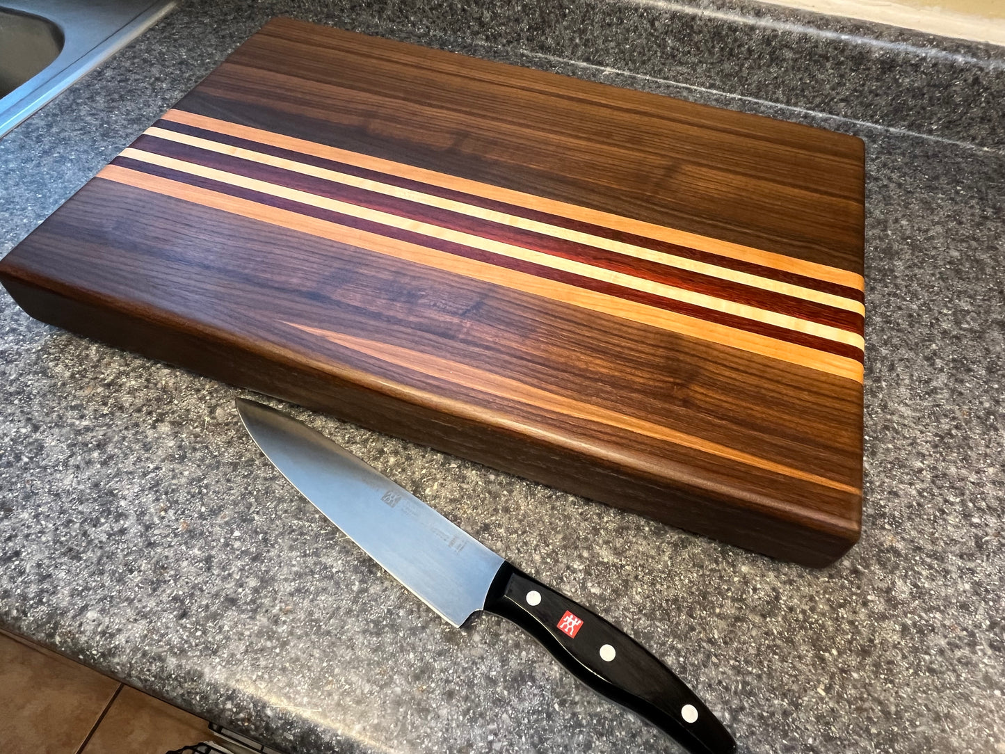 19-3/4"L X 13"W X 2"H Edge Grain Cutting Board-Walnut, with Cherry, Maple, Padauk accent strips