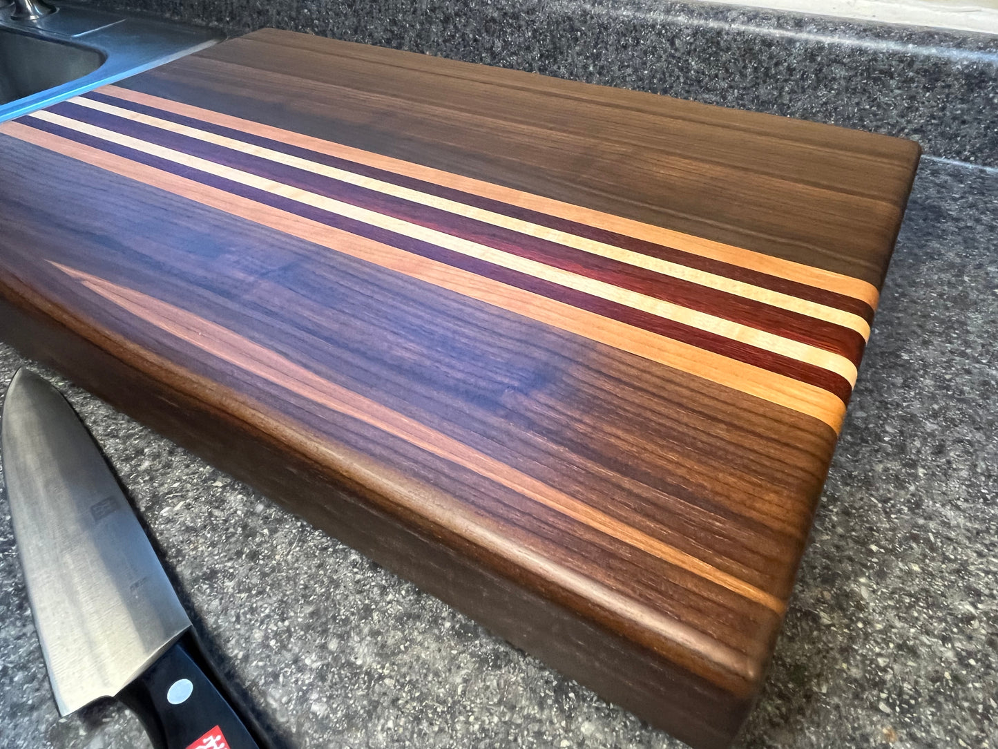 19-3/4"L X 13"W X 2"H Edge Grain Cutting Board-Walnut, with Cherry, Maple, Padauk accent strips