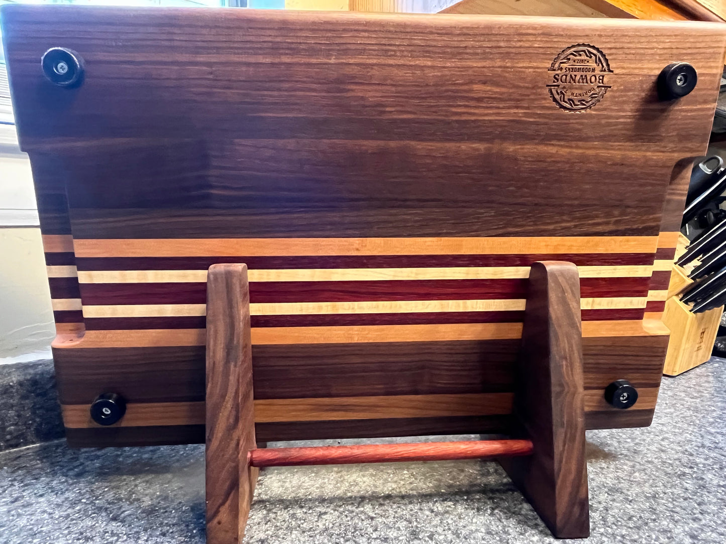 19-3/4"L X 13"W X 2"H Edge Grain Cutting Board-Walnut, with Cherry, Maple, Padauk accent strips