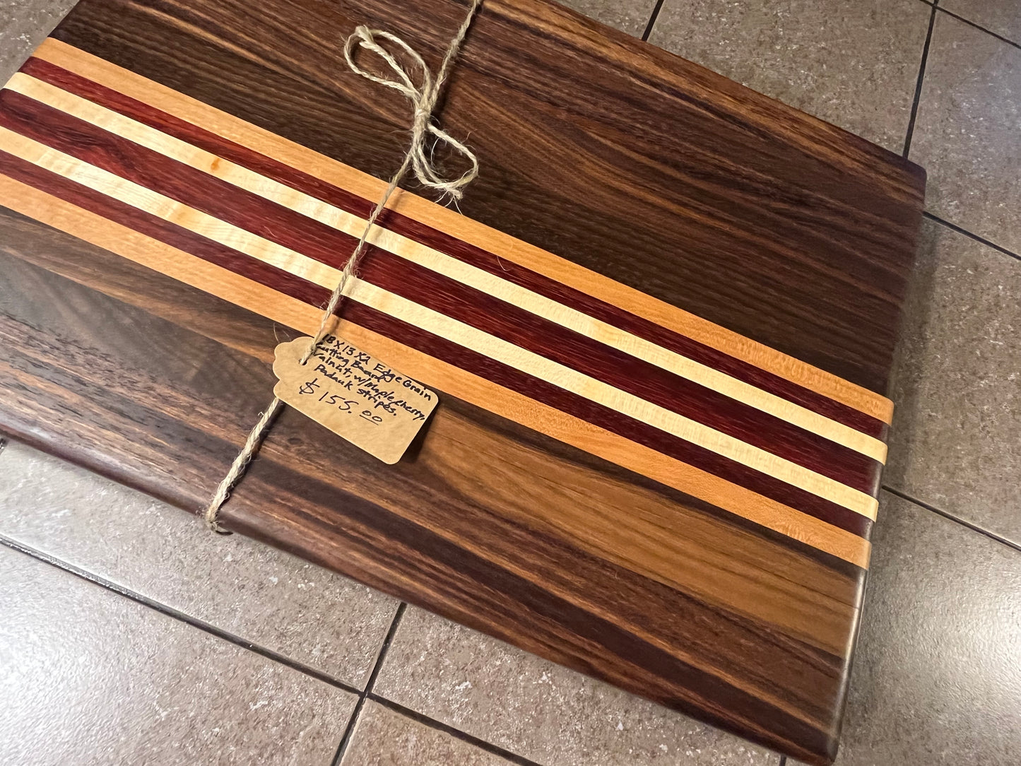 18"L X 13"W X 2"H Edge Grain Cutting Board-Walnut, with Cherry, Maple, Padauk accent strips