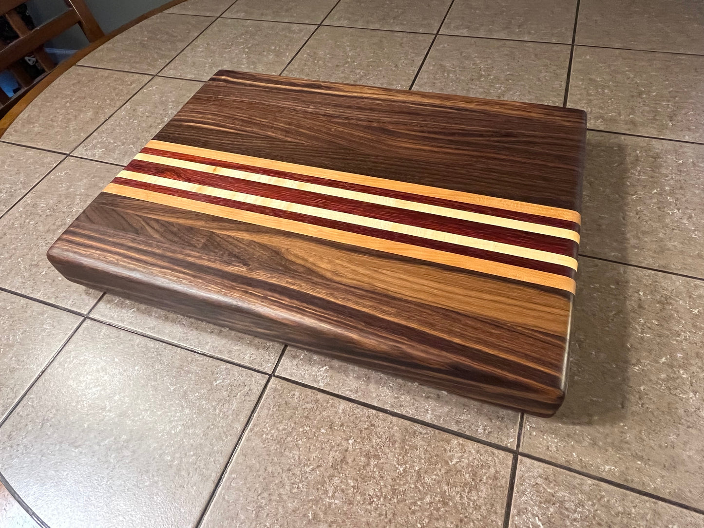 18"L X 13"W X 2"H Edge Grain Cutting Board-Walnut, with Cherry, Maple, Padauk accent strips