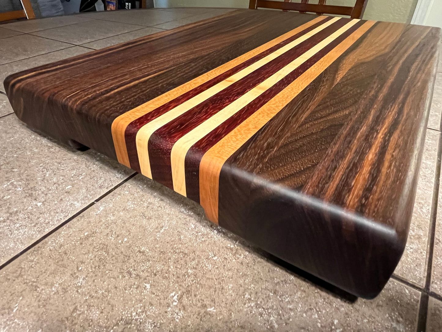 18"L X 13"W X 2"H Edge Grain Cutting Board-Walnut, with Cherry, Maple, Padauk accent strips