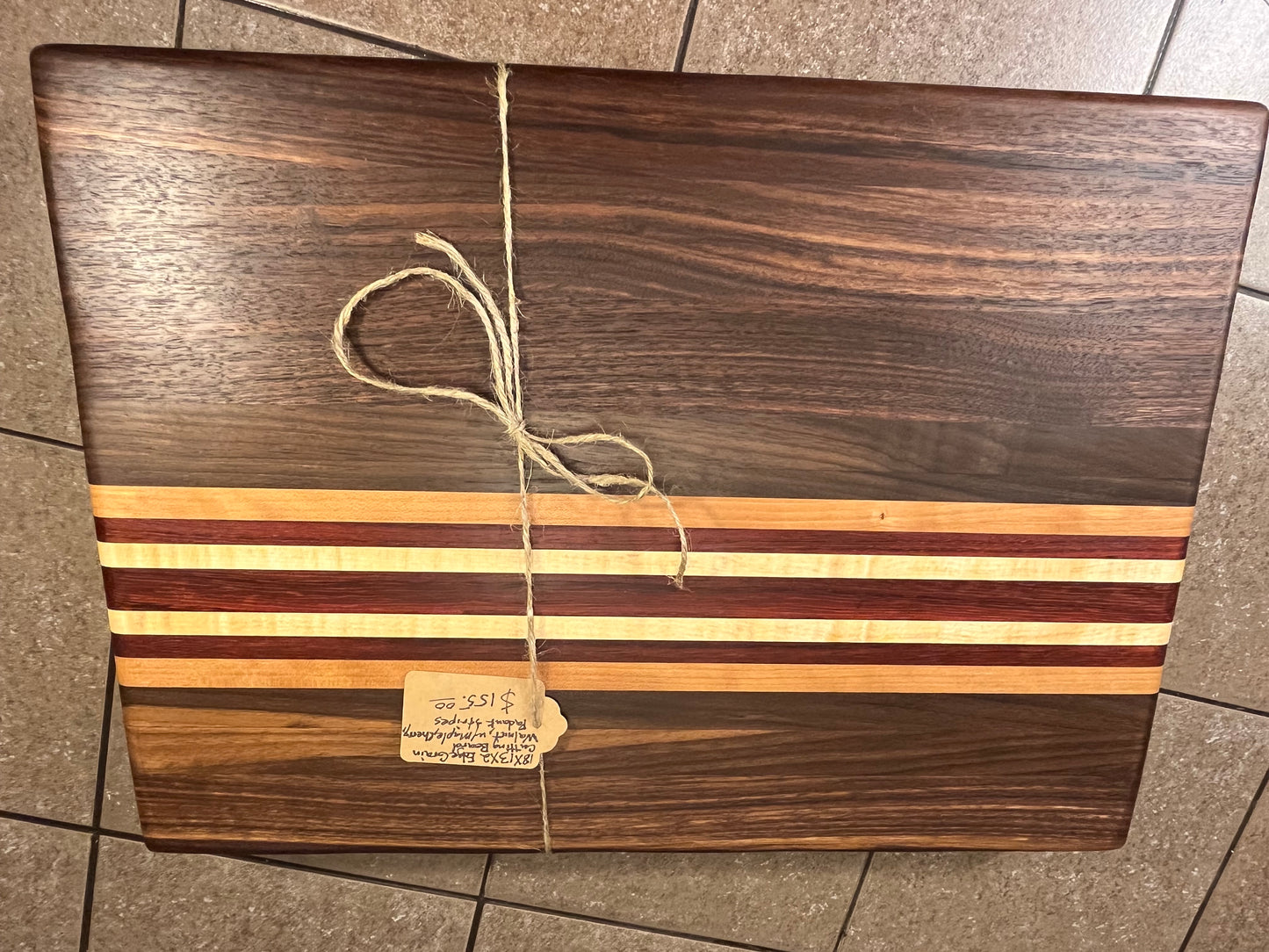 18"L X 13"W X 2"H Edge Grain Cutting Board-Walnut, with Cherry, Maple, Padauk accent strips