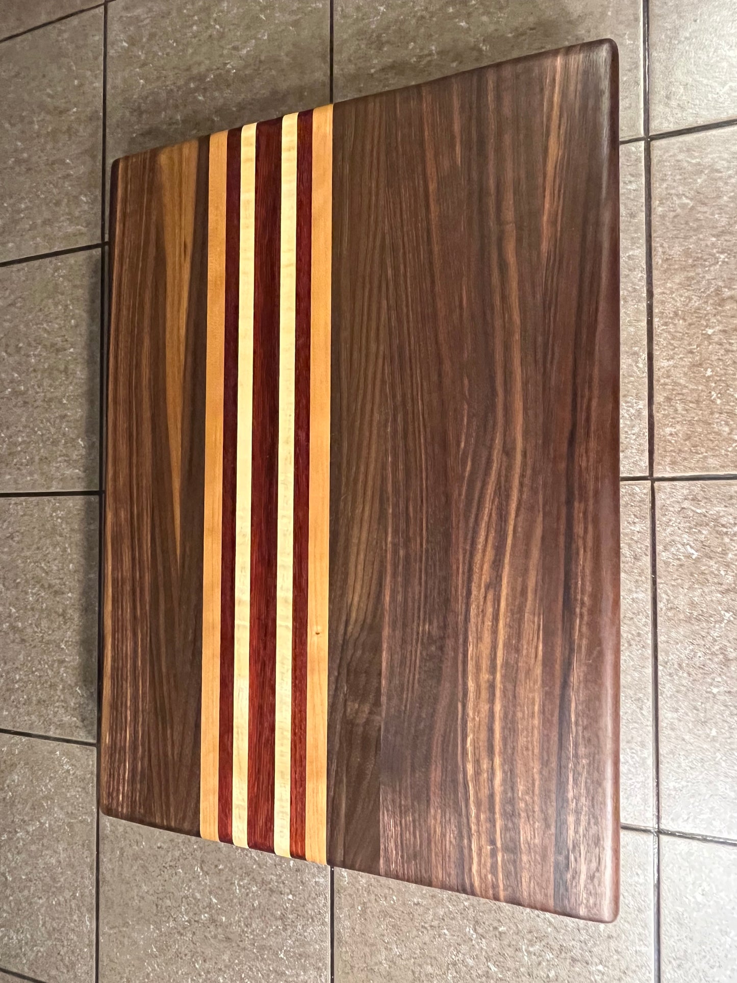 18"L X 13"W X 2"H Edge Grain Cutting Board-Walnut, with Cherry, Maple, Padauk accent strips