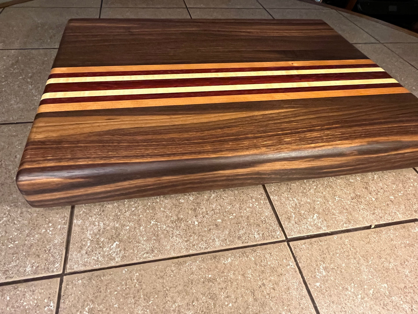 18"L X 13"W X 2"H Edge Grain Cutting Board-Walnut, with Cherry, Maple, Padauk accent strips