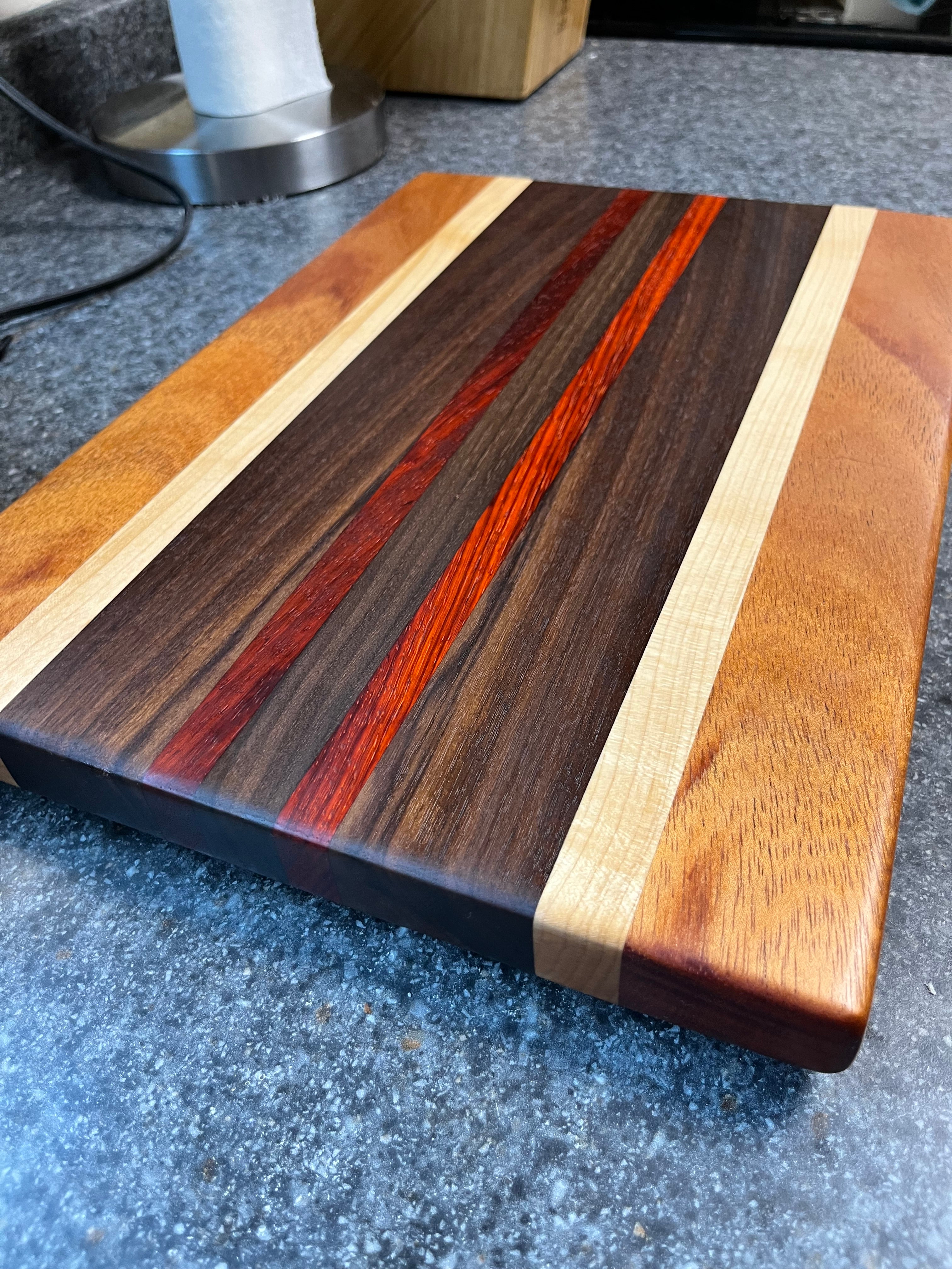 Ready to Ship! Black Walnut & Maple Edge Grain Cutting Board with accents of Padauk and Wenge newest Wood, Rectangle Board