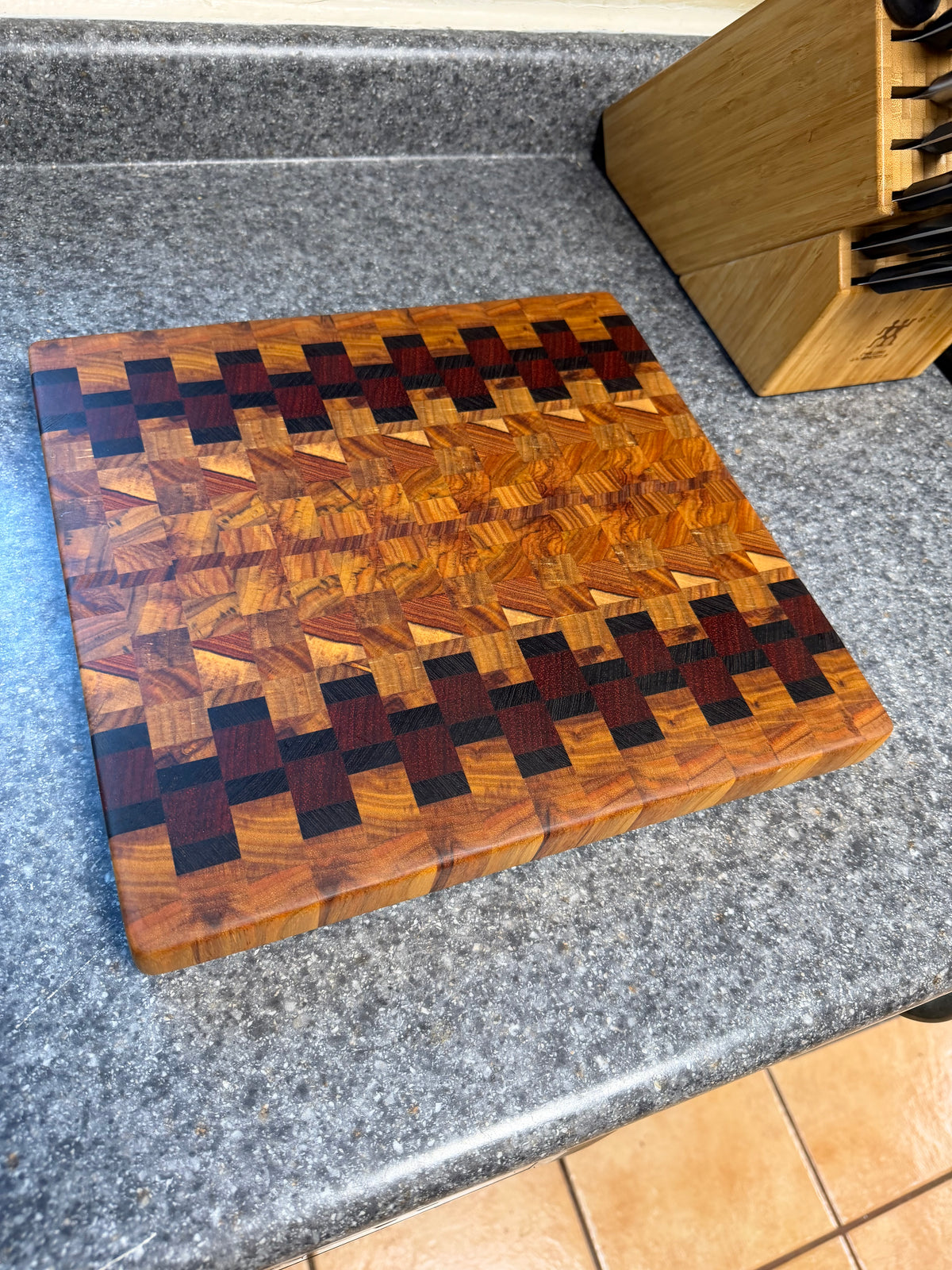 12-3/4"X12-1/4"X1-1/4" Canarywood w/African Padauk & Wenge End Grain Cutting Board