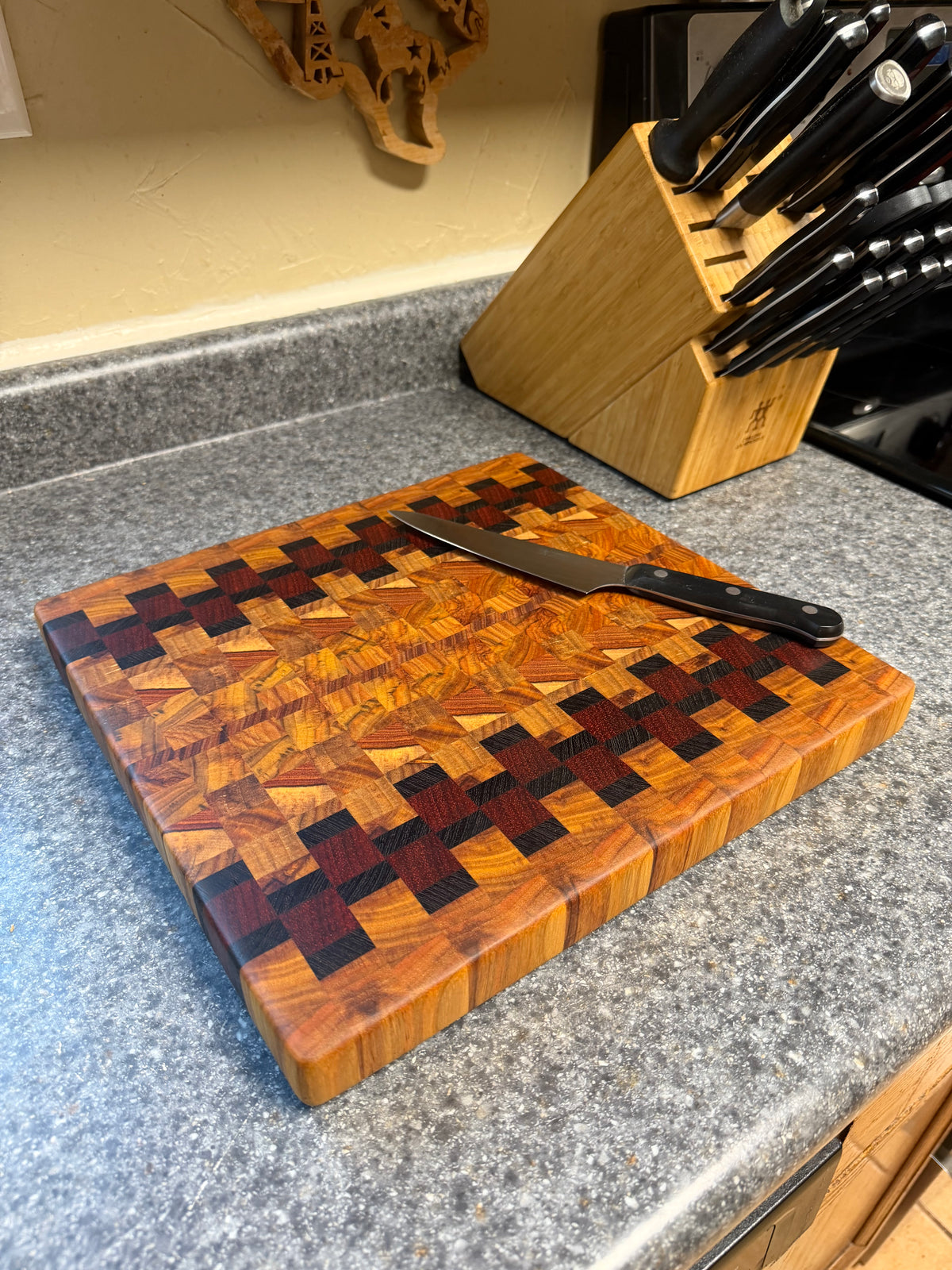 12-3/4"X12-1/4"X1-1/4" Canarywood w/African Padauk & Wenge End Grain Cutting Board