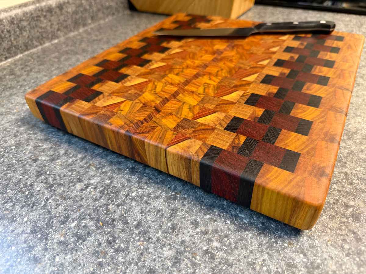 12-3/4"X12-1/4"X1-1/4" Canarywood w/African Padauk & Wenge End Grain Cutting Board