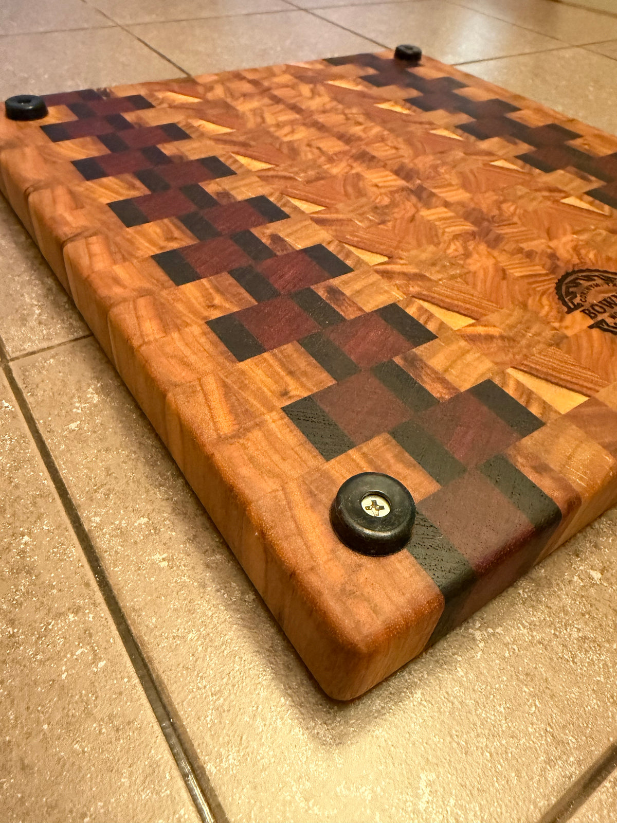 12-3/4"X12-1/4"X1-1/4" Canarywood w/African Padauk & Wenge End Grain Cutting Board