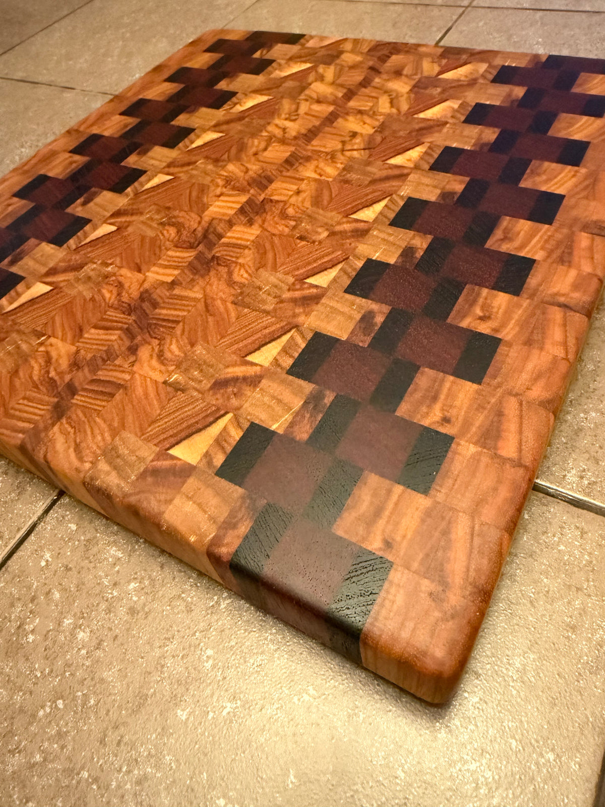 12-3/4"X12-1/4"X1-1/4" Canarywood w/African Padauk & Wenge End Grain Cutting Board