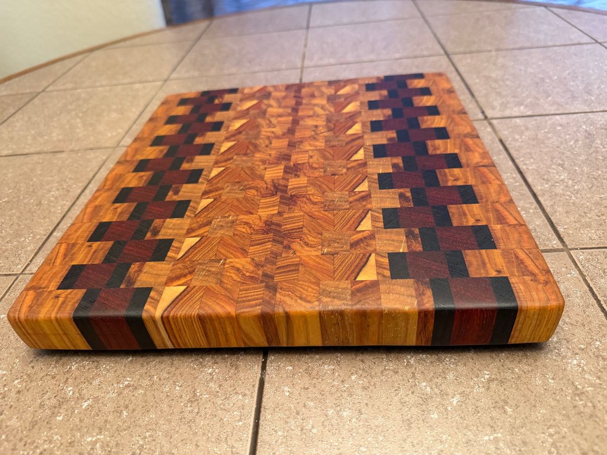 12-3/4"X12-1/4"X1-1/4" Canarywood w/African Padauk & Wenge End Grain Cutting Board