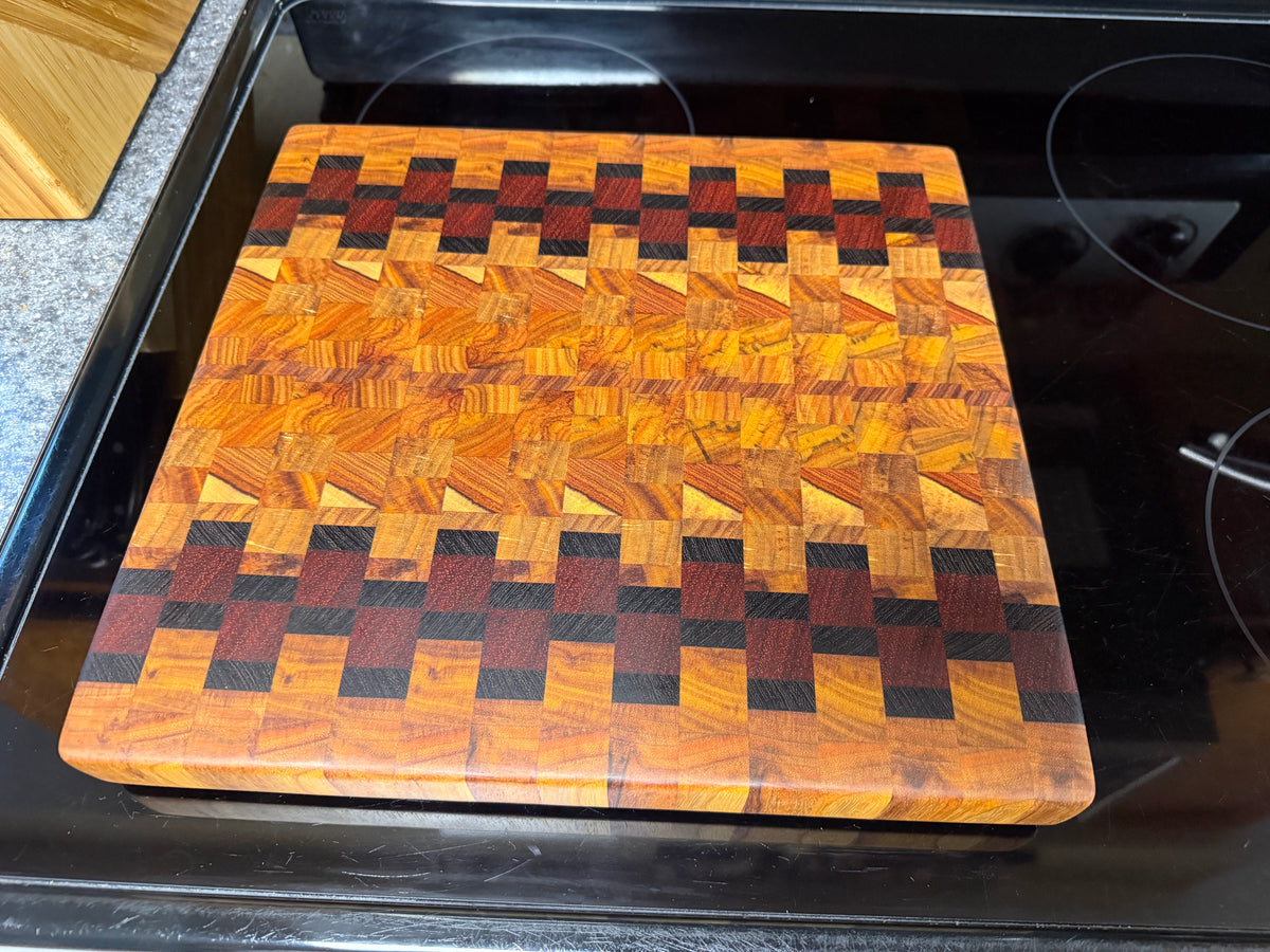 12-3/4"X12-1/4"X1-1/4" Canarywood w/African Padauk & Wenge End Grain Cutting Board