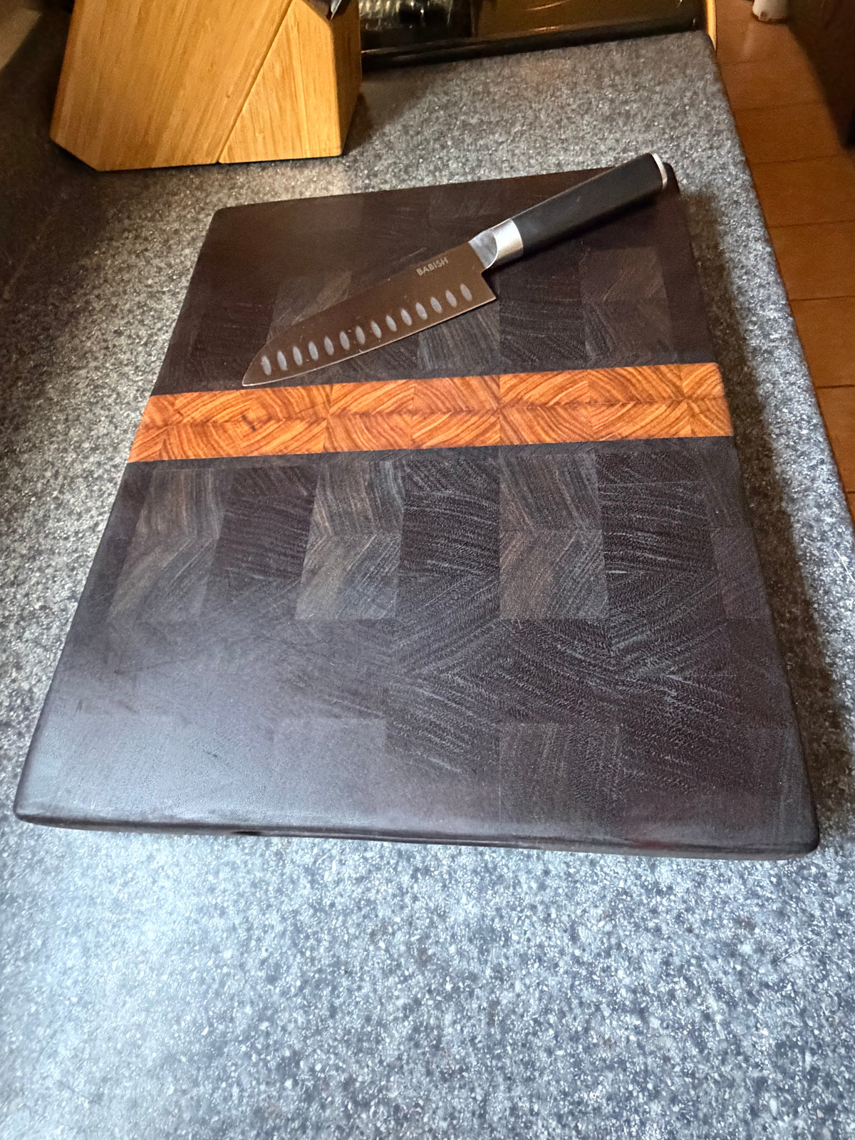17-1/2"X13-1/4"X1-1/2" Peruvian Walnut w/Canarywood & Wenge End Grain Cutting Board