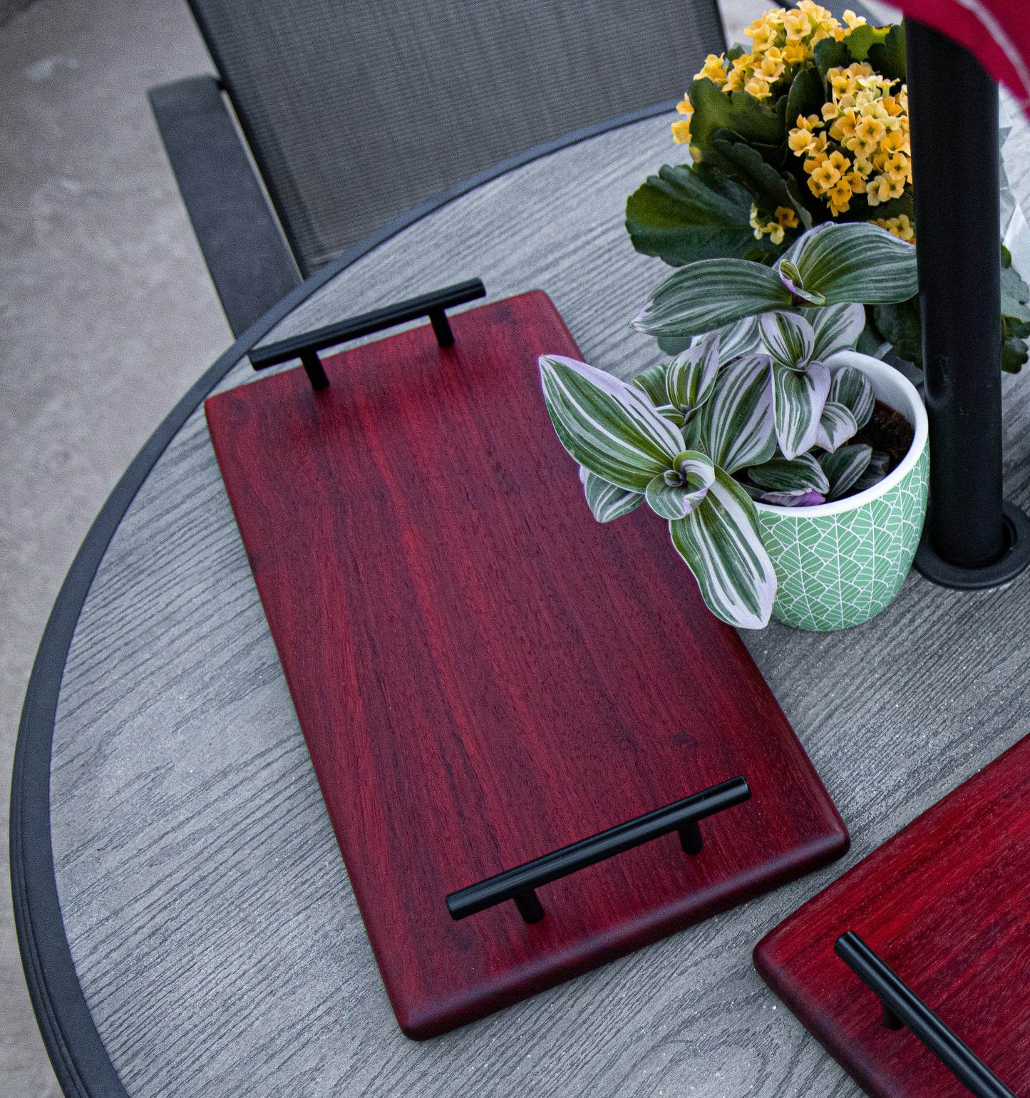 African Padauk 18"X 8-1/2" X 7/8" Serving Board w/black handles attached