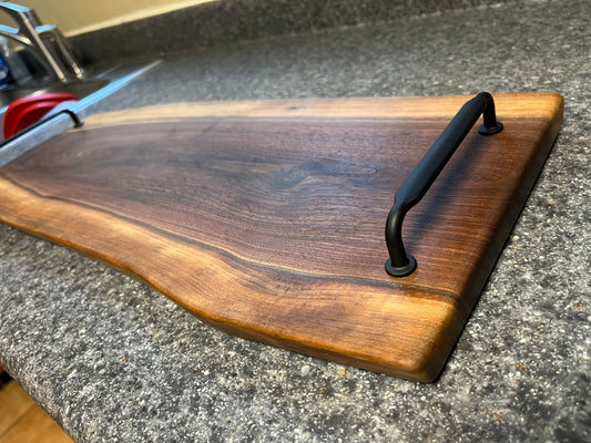 23-3/4"L X 9-1/2"W X 7/8"H Walnut Live Edge Charcuterie Serving Board w/handles