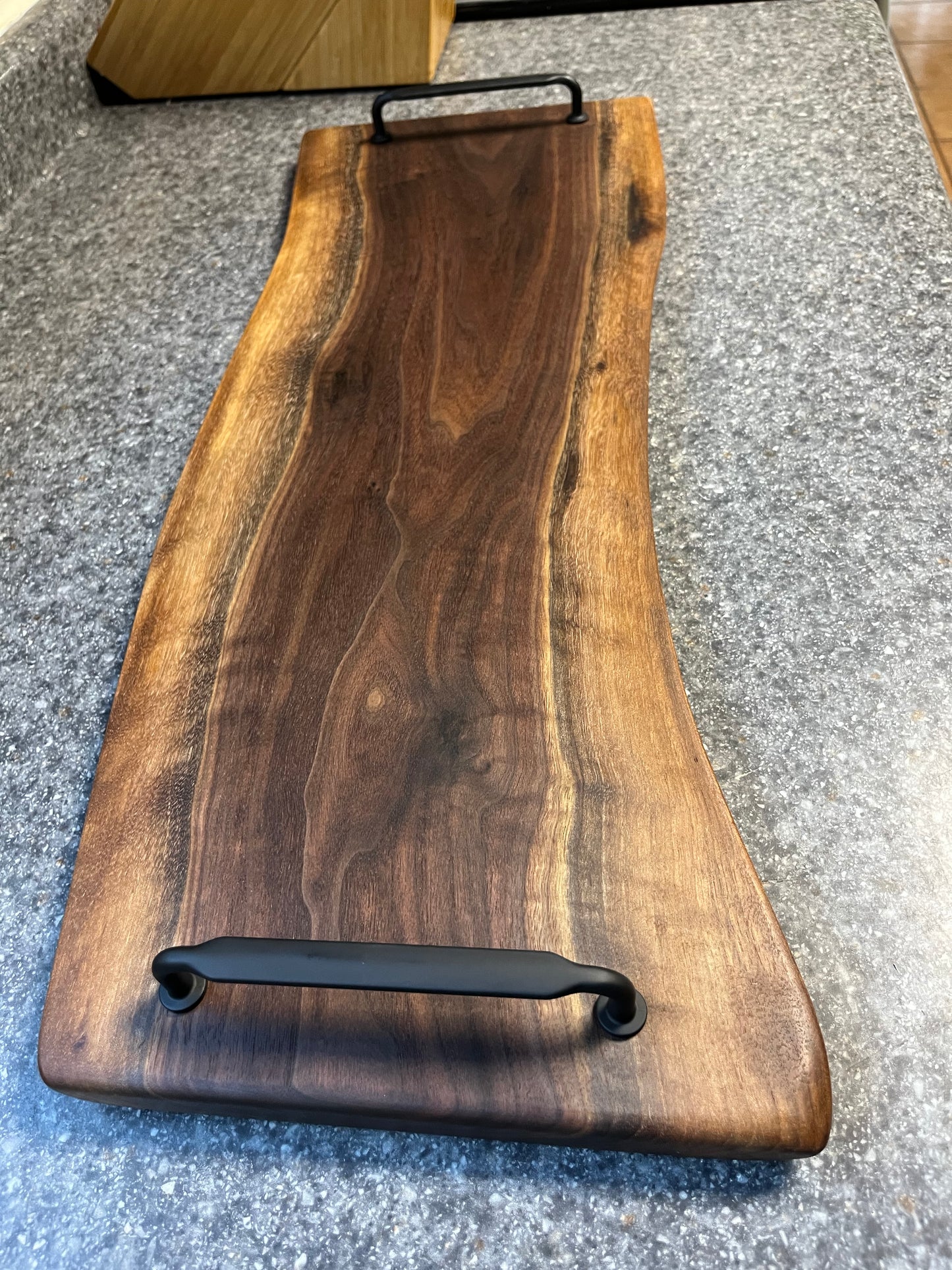 24"L X 8-1/4 to 9"W X 7/8"H Walnut Live Edge Charcuterie Serving Board w/handles