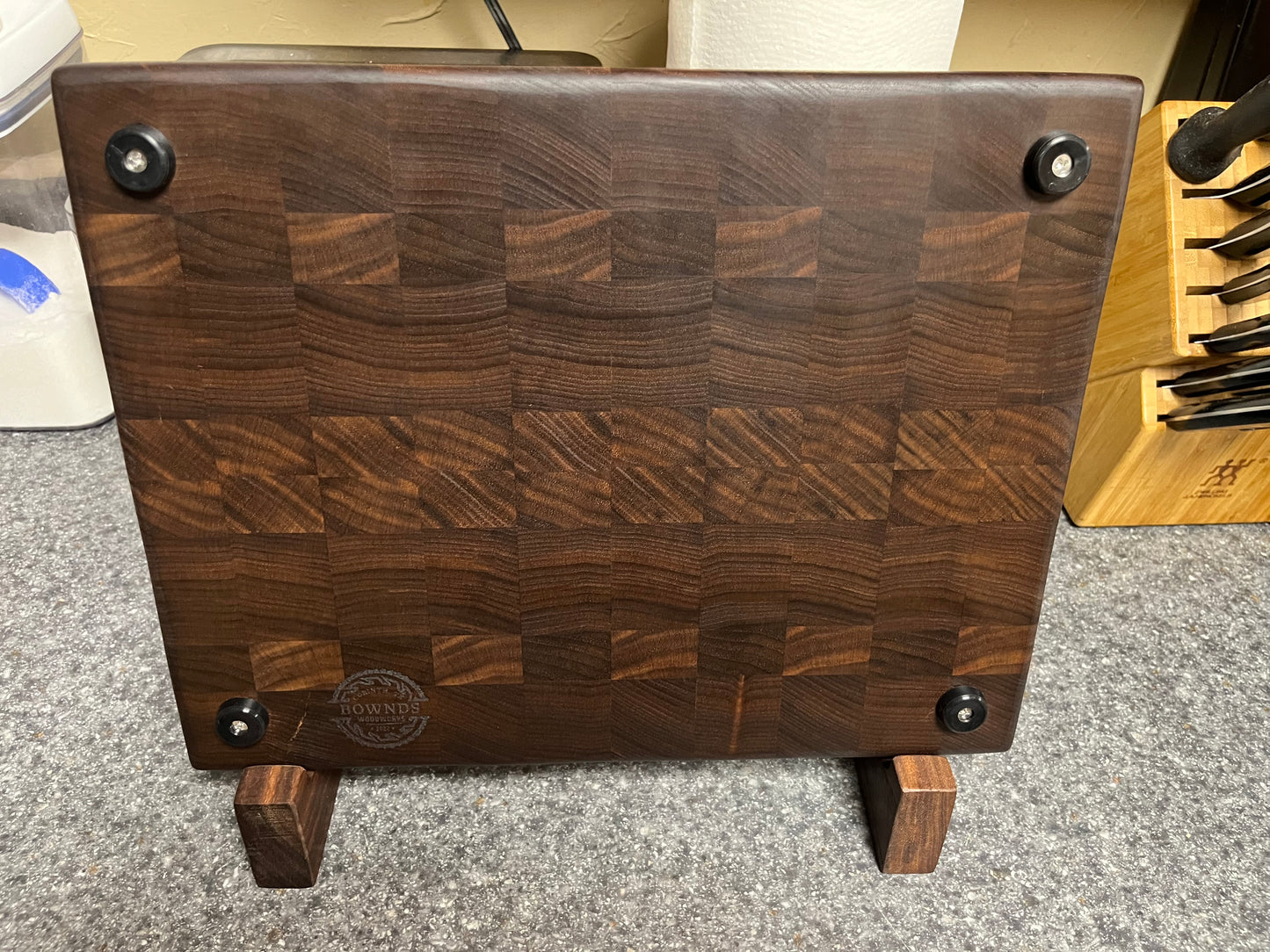 13-1/2" X 10-1/2" X 1-1/4 Walnut End Grain Cutting Board- w/rubber feet attached