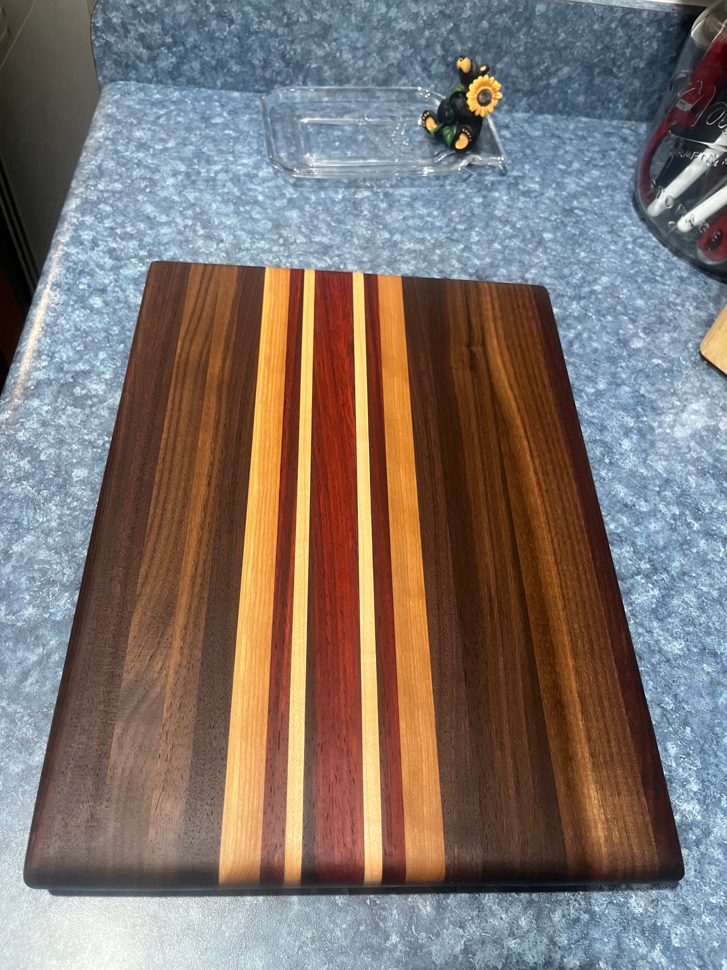 13-7/8"L X 10-1/4"W X 1"H Edge Grain Walnut Cutting Board with Cherry, Maple, Padauk accent strips