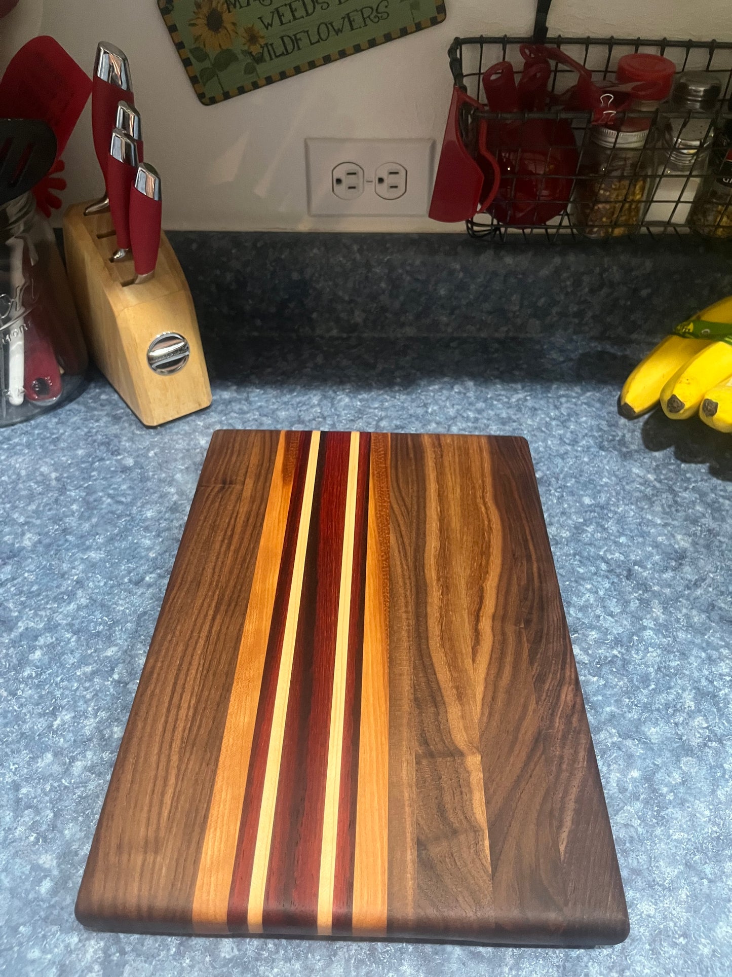 13-7/8"L X 9-7/8"W X 1"H Edge Grain Walnut Cutting Board with Cherry, Maple, Padauk accent strips