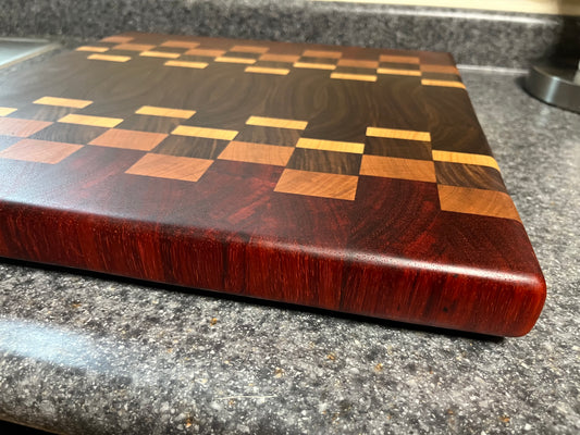 17"X16-1/2"X1-1-2" Walnut w/Cherry, Maple, Padauk- End Grain Cutting Board