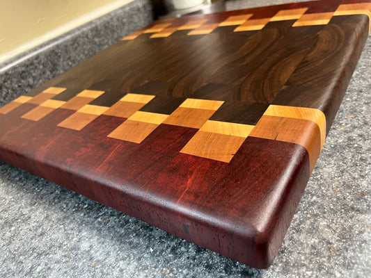 17"X16-1/2"X1-1-2" Walnut w/Cherry, Maple, Padauk- End Grain Cutting Board