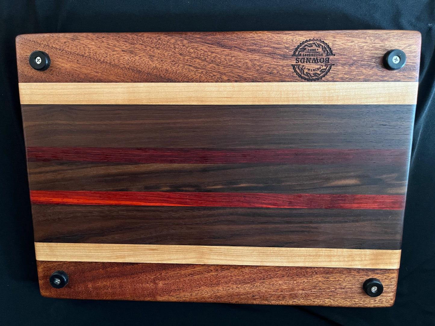 #3 15-1/4"X11-1/4"X1-3/8" Edge Grain Cutting Board-Walnut, Maple, Mahogany & Padauk w/rubber feet