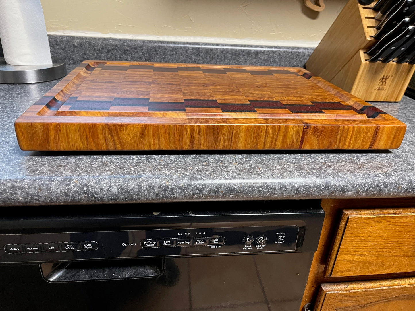 21" X 16" X 1-5/8" Canarywood w/Padauk & Wenge-End Grain Cutting Board w/Juice Groove