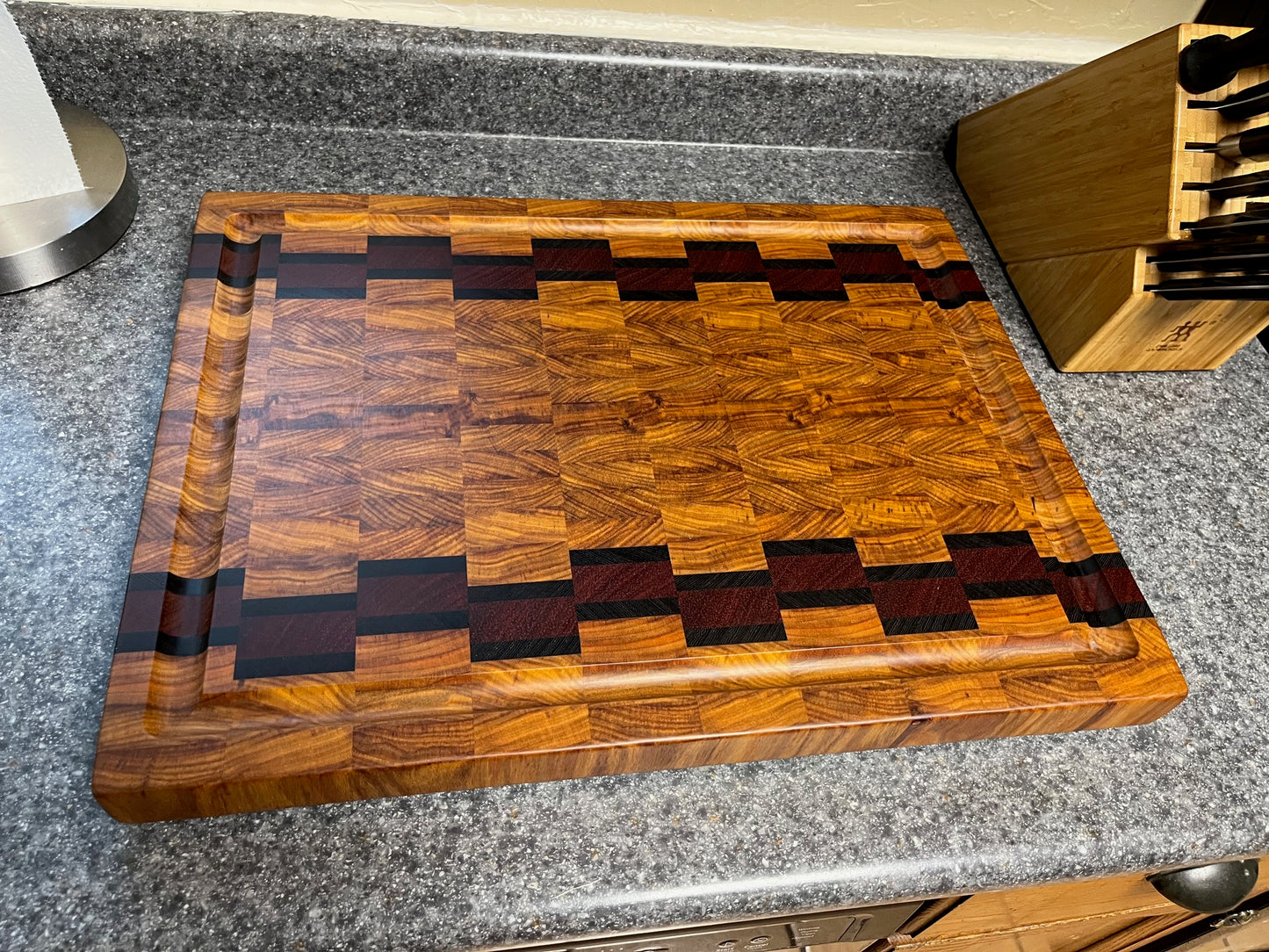 21" X 16" X 1-5/8" Canarywood w/Padauk & Wenge-End Grain Cutting Board w/Juice Groove