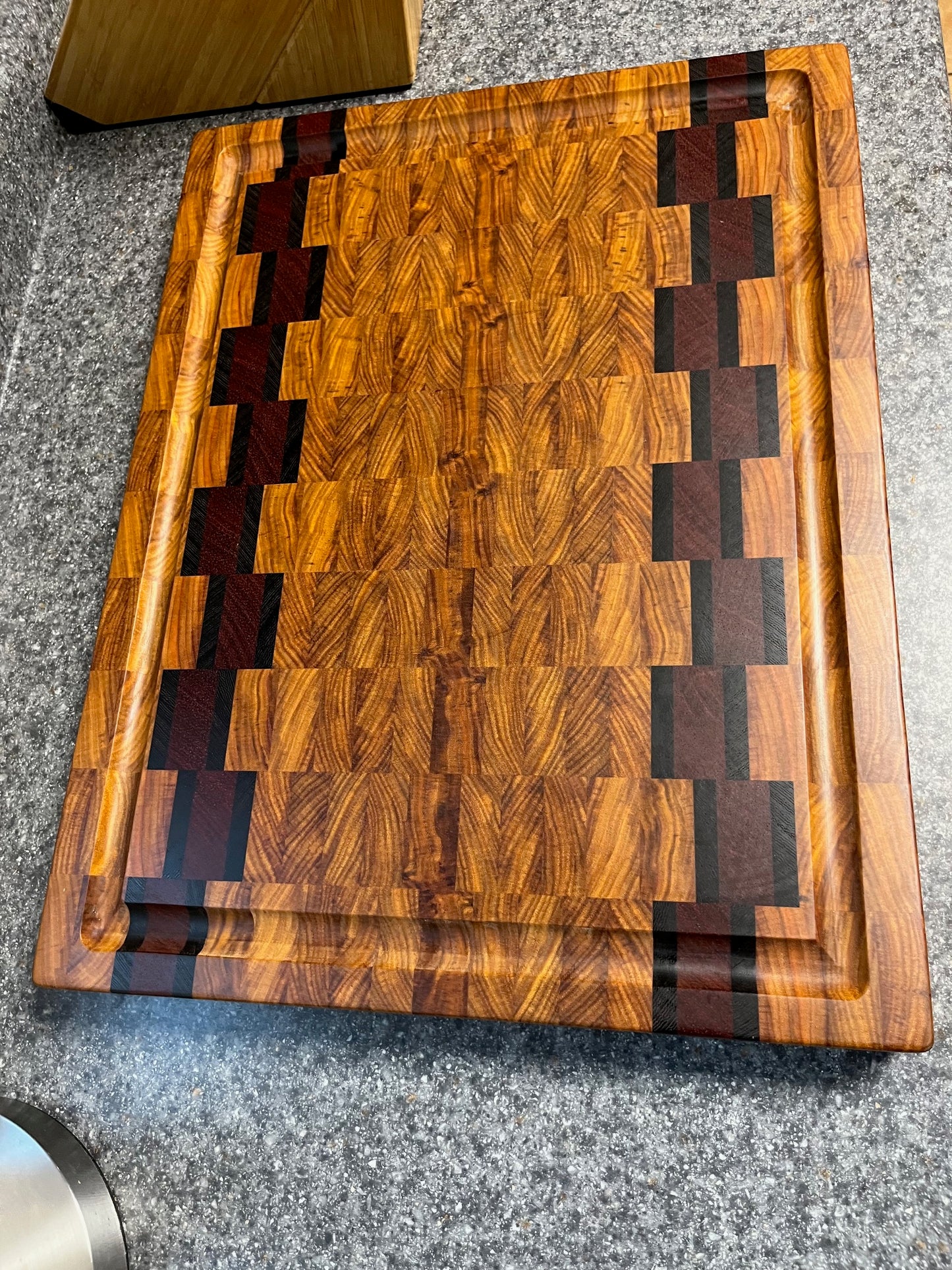 21" X 16" X 1-5/8" Canarywood w/Padauk & Wenge-End Grain Cutting Board w/Juice Groove