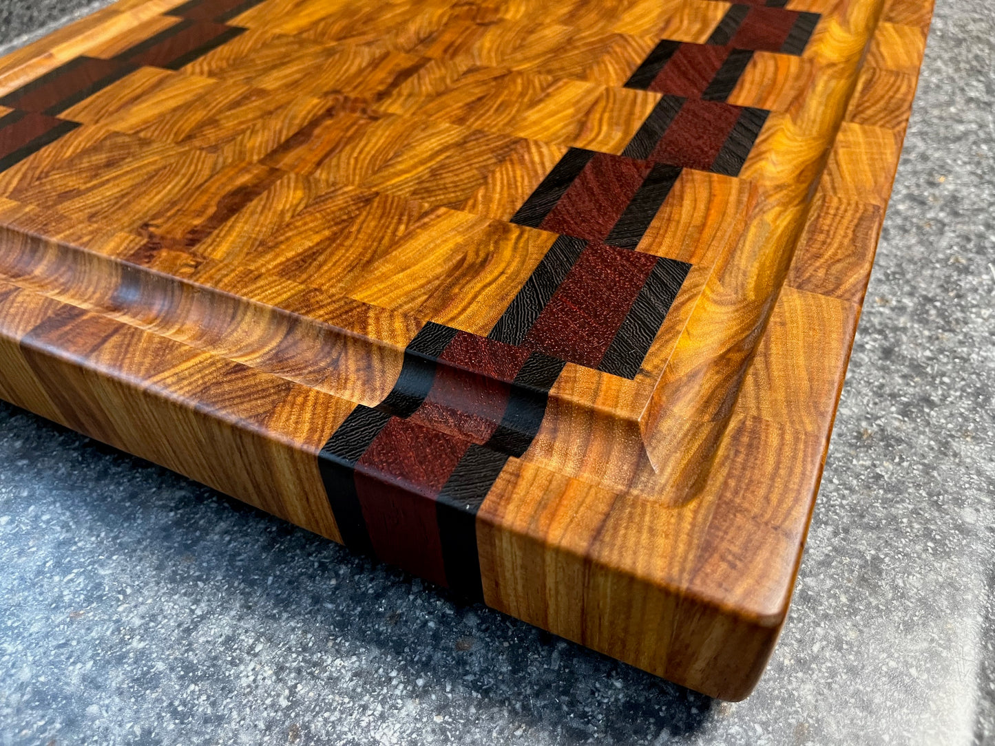 21" X 16" X 1-5/8" Canarywood w/Padauk & Wenge-End Grain Cutting Board w/Juice Groove