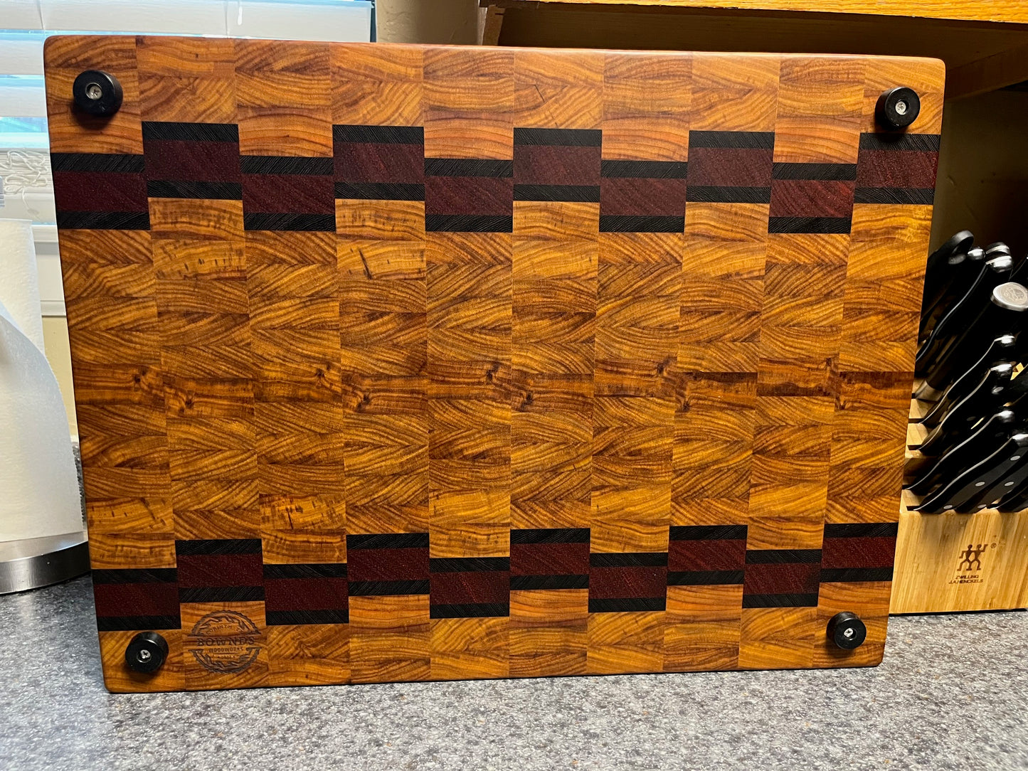 21" X 16" X 1-5/8" Canarywood w/Padauk & Wenge-End Grain Cutting Board w/Juice Groove