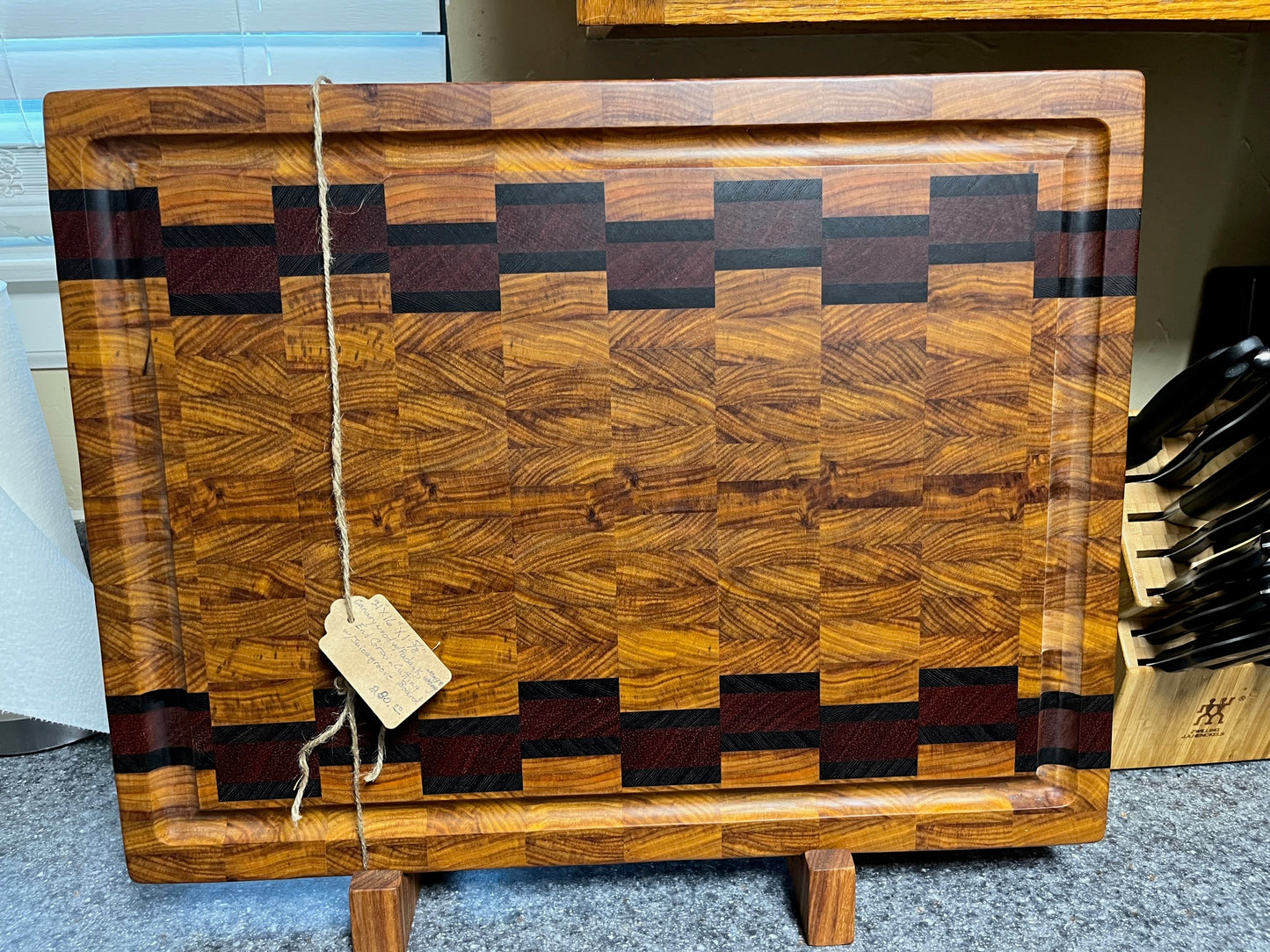 21" X 16" X 1-5/8" Canarywood w/Padauk & Wenge-End Grain Cutting Board w/Juice Groove
