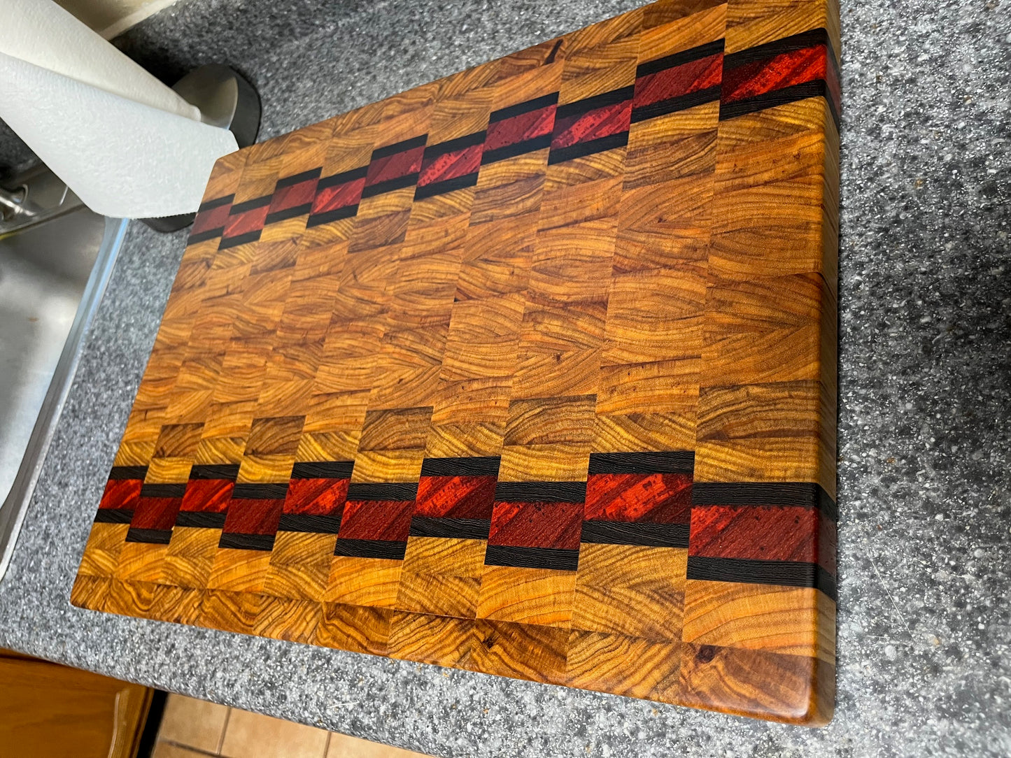 20-1/2" X 15-1/2" X 1-5/8" Canarywood w/Padauk & Wenge End Grain Cutting Board