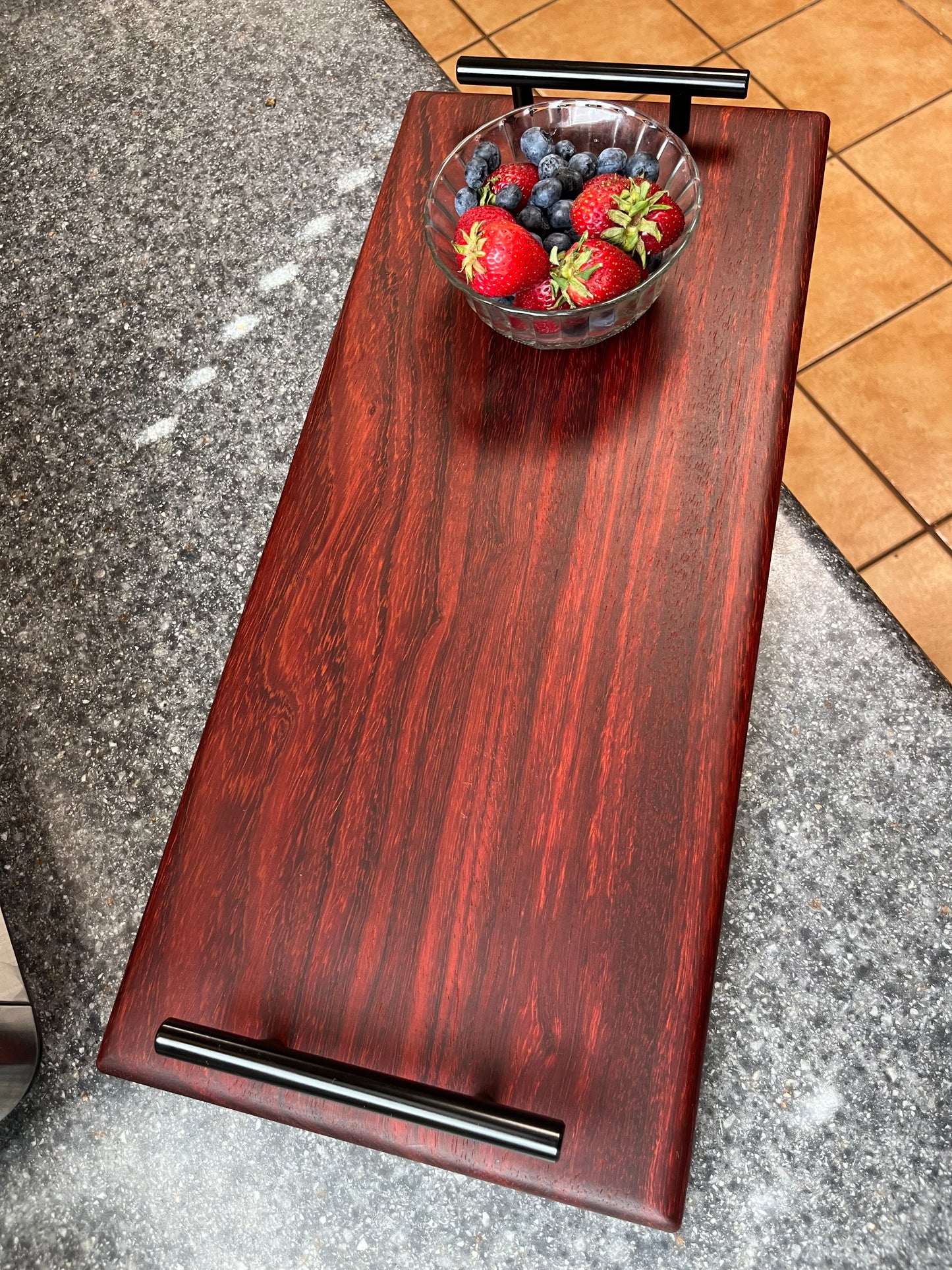 African Padauk 18-7/8" X 8-3/8" X 7/8" Serving Board w/black handles attached