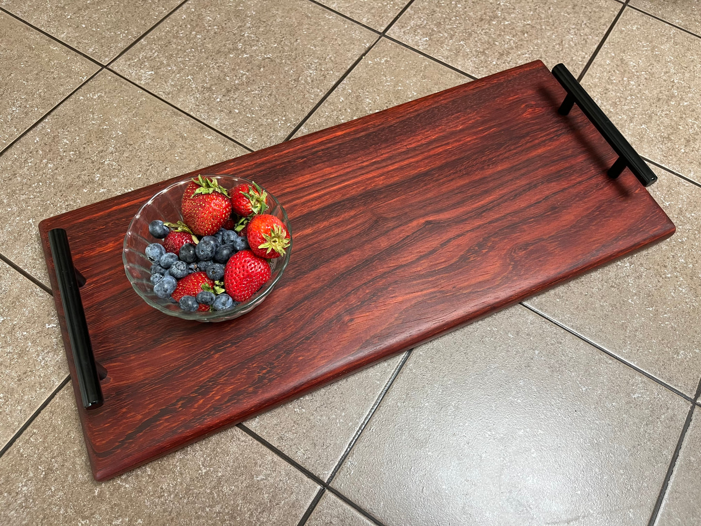 African Padauk 18-7/8" X 8-3/8" X 7/8" Serving Board w/black handles attached