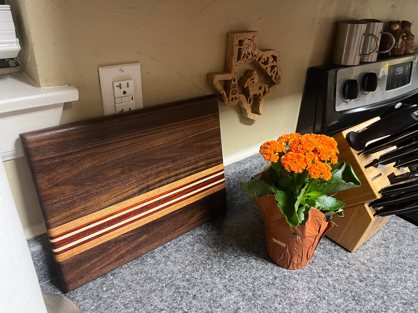 13-3/4"L X 10-1/4"W X 1"H Edge Grain Walnut Cutting Board with Cherry, Maple, Padauk accent strips