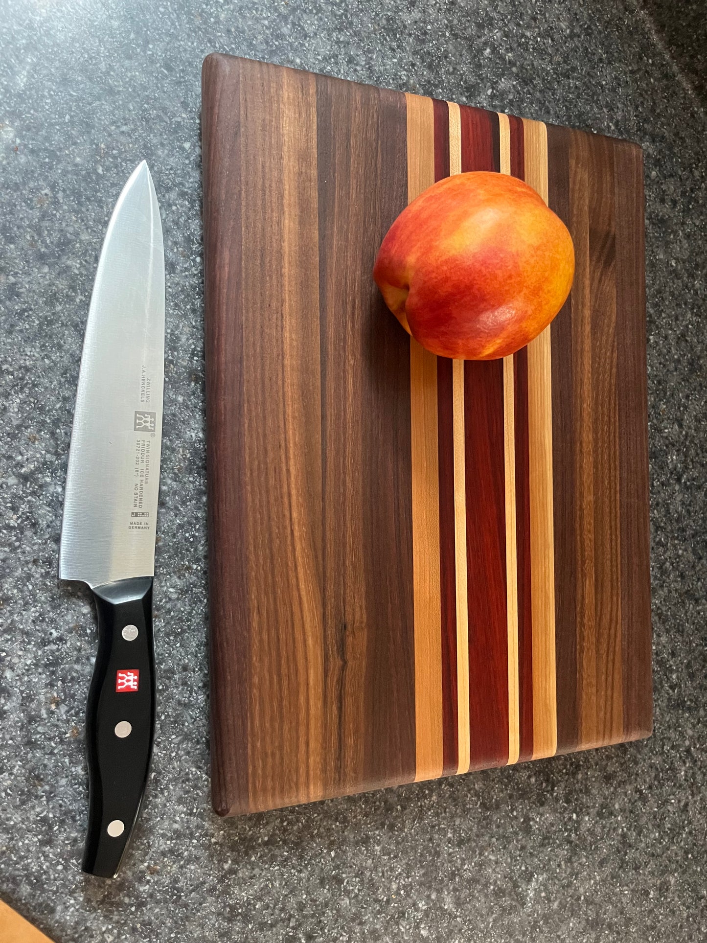 13-7/8"L X 10-1/4"W X 1"H Edge Grain Walnut Cutting Board with Cherry, Maple, Padauk accent strips