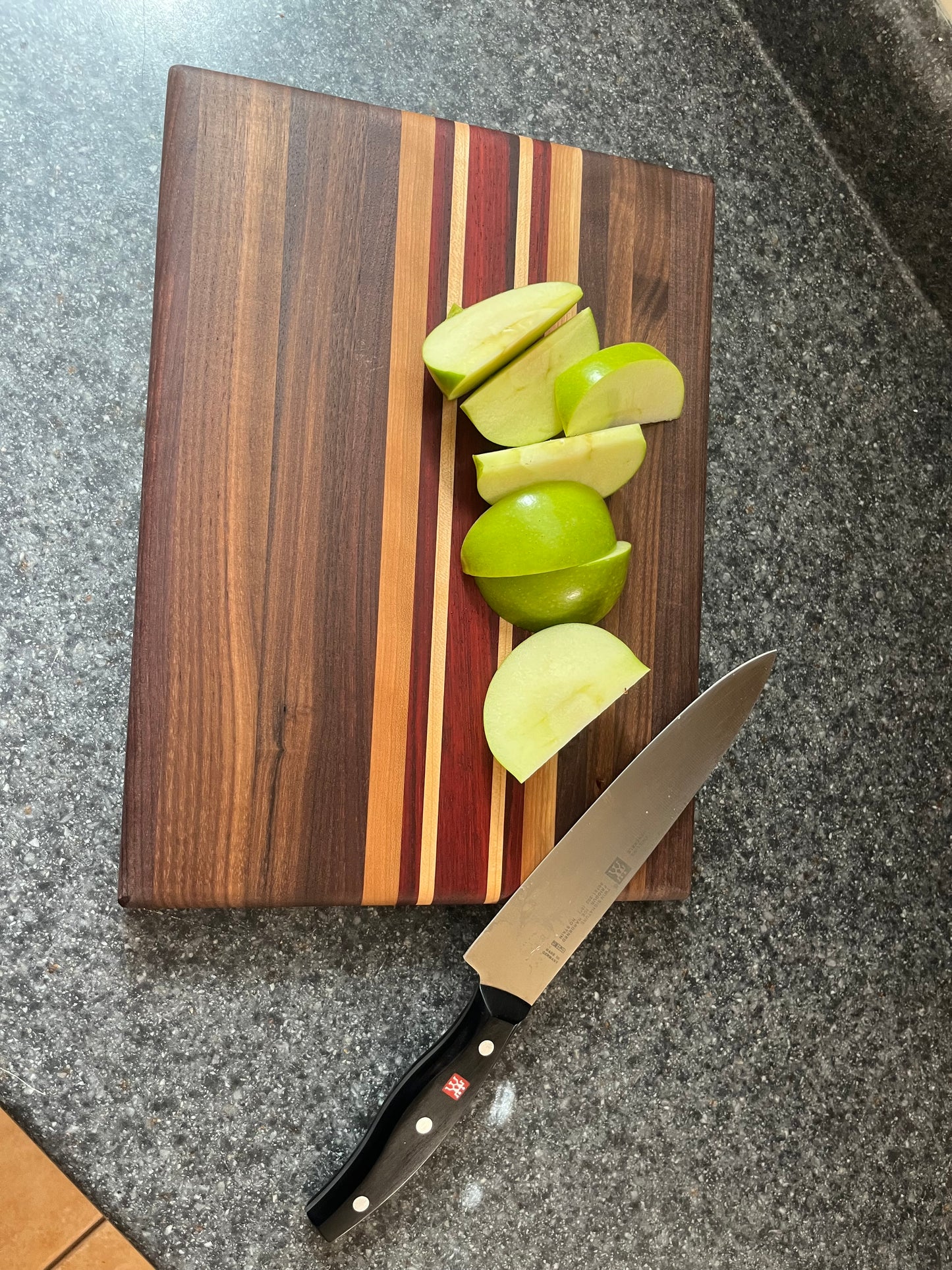 13-7/8"L X 10-1/4"W X 1"H Edge Grain Walnut Cutting Board with Cherry, Maple, Padauk accent strips