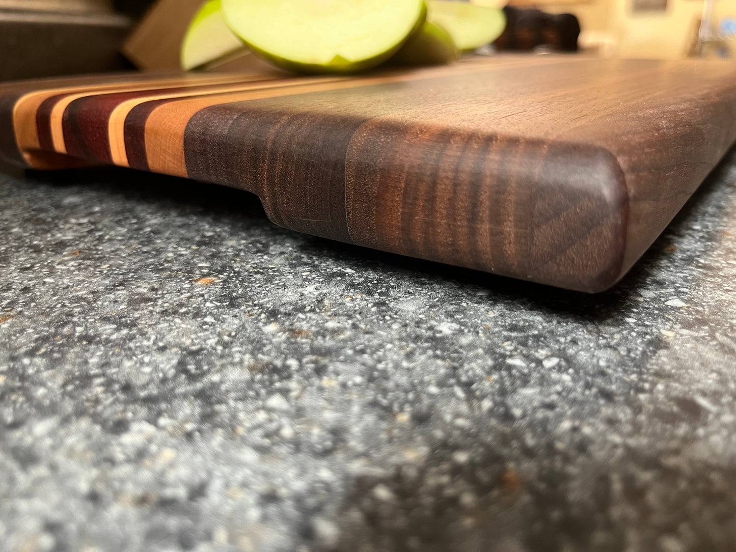 13-7/8"L X 10-1/4"W X 1"H Edge Grain Walnut Cutting Board with Cherry, Maple, Padauk accent strips