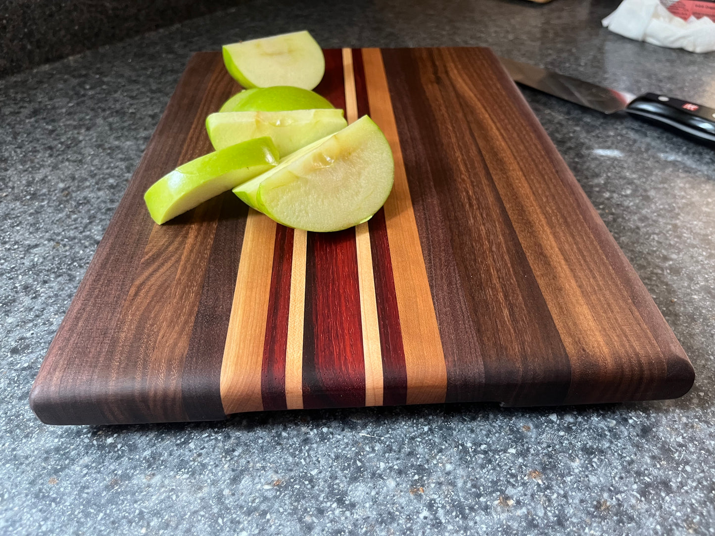 13-7/8"L X 10-1/4"W X 1"H Edge Grain Walnut Cutting Board with Cherry, Maple, Padauk accent strips