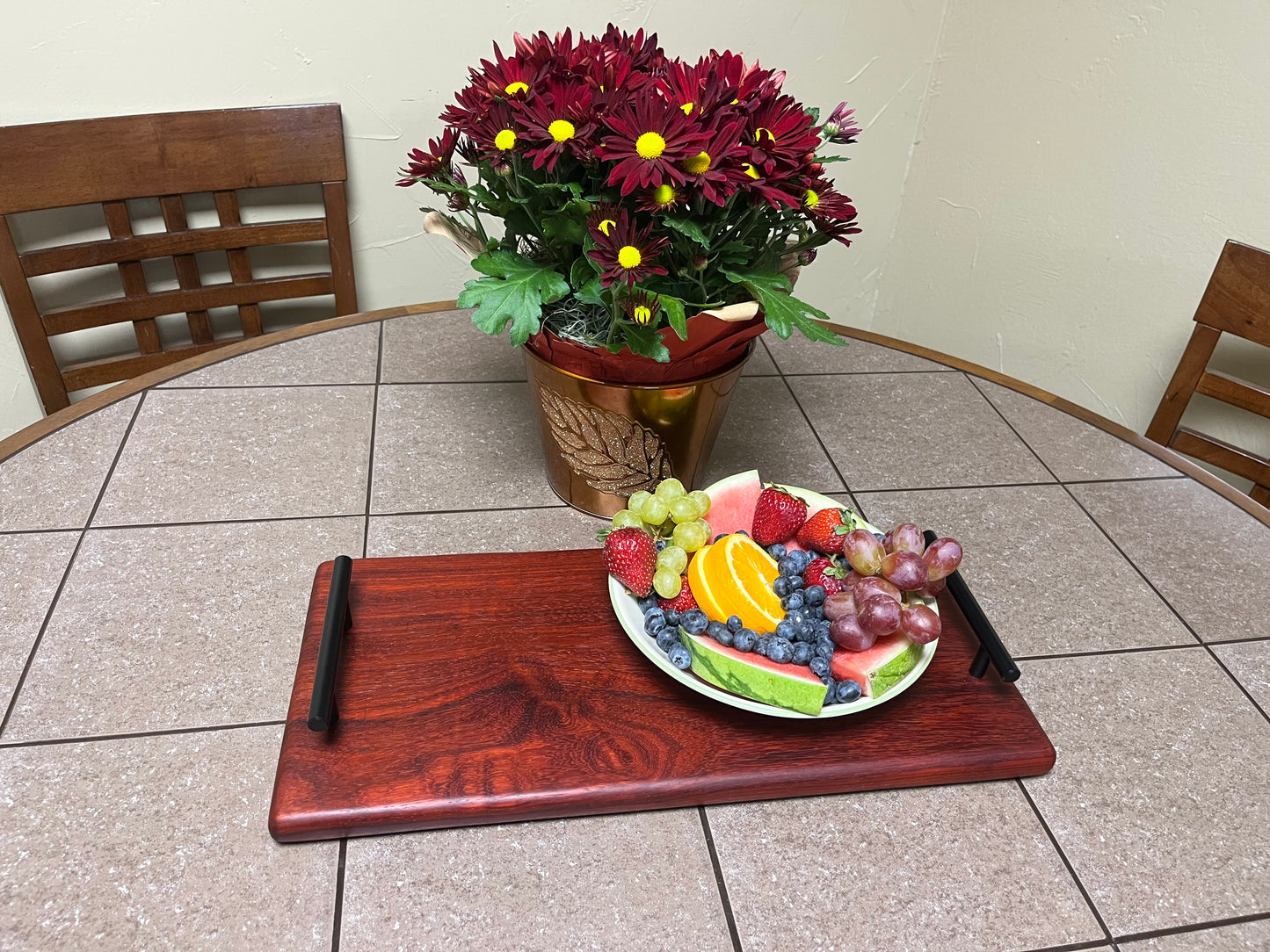 African Padauk 18"X 8-1/2" X 7/8" Serving Board w/black handles attached