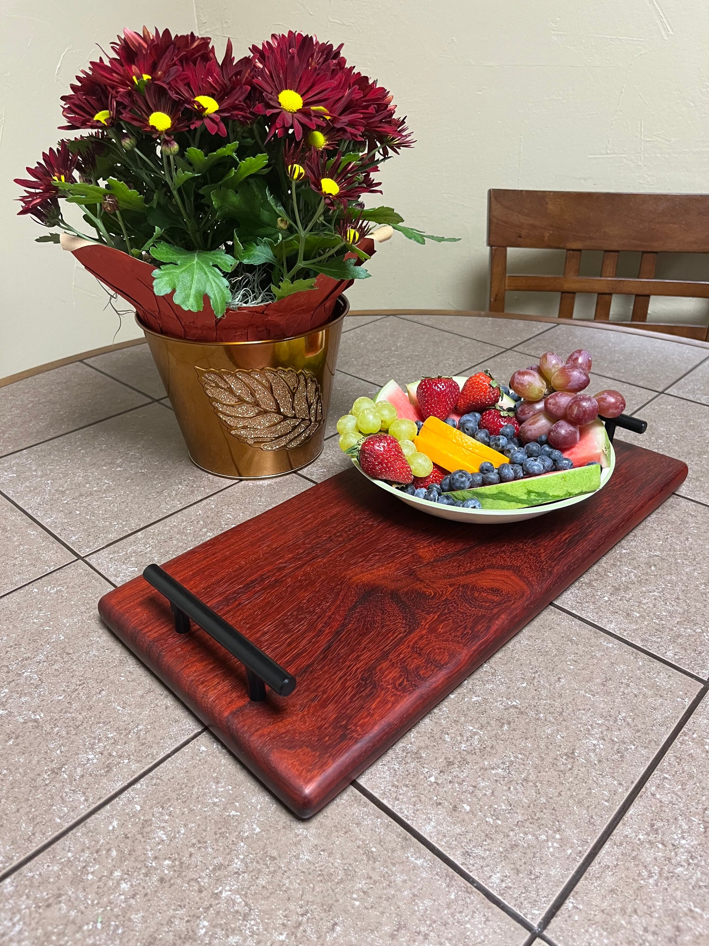 African Padauk 18"X 8-1/2" X 7/8" Serving Board w/black handles attached