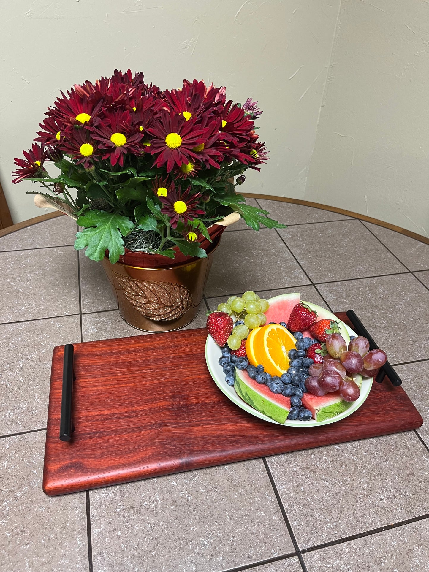 African Padauk 18"X 8-1/2" X 7/8" Serving Board w/black handles attached