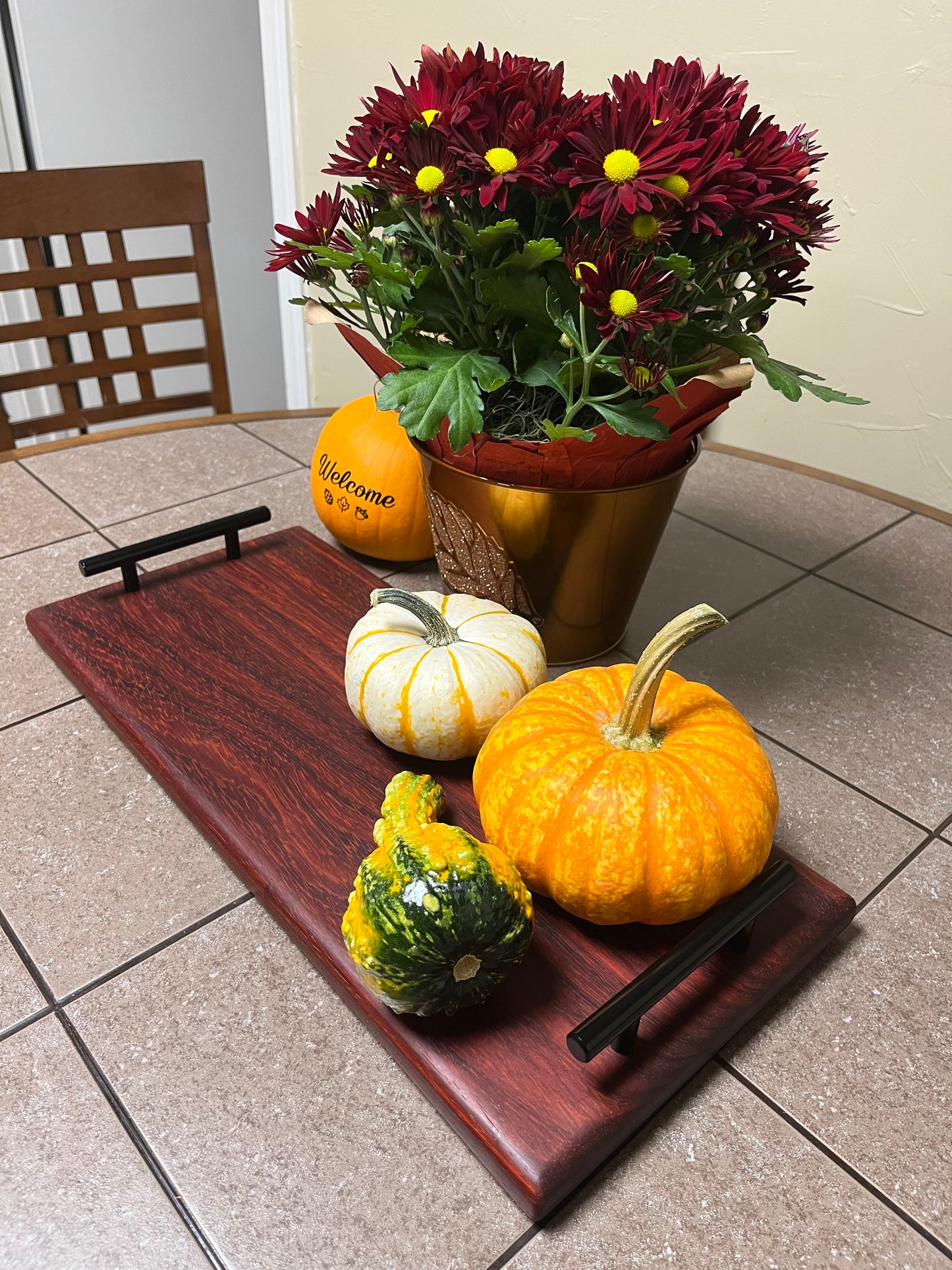 African Padauk 18-7/8" X 8-3/8" X 7/8" Serving Board w/black handles attached